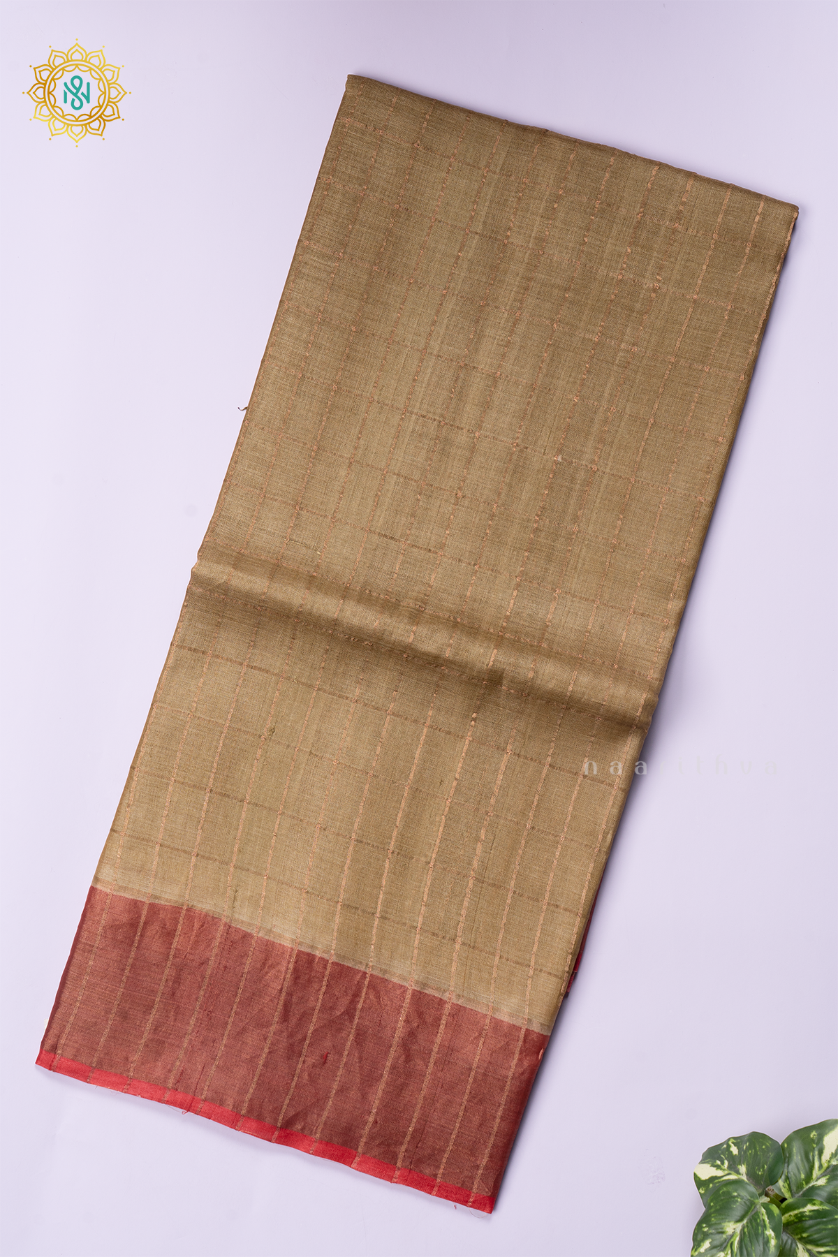 BEIGE WITH RED - PURE TUSSAR SILK