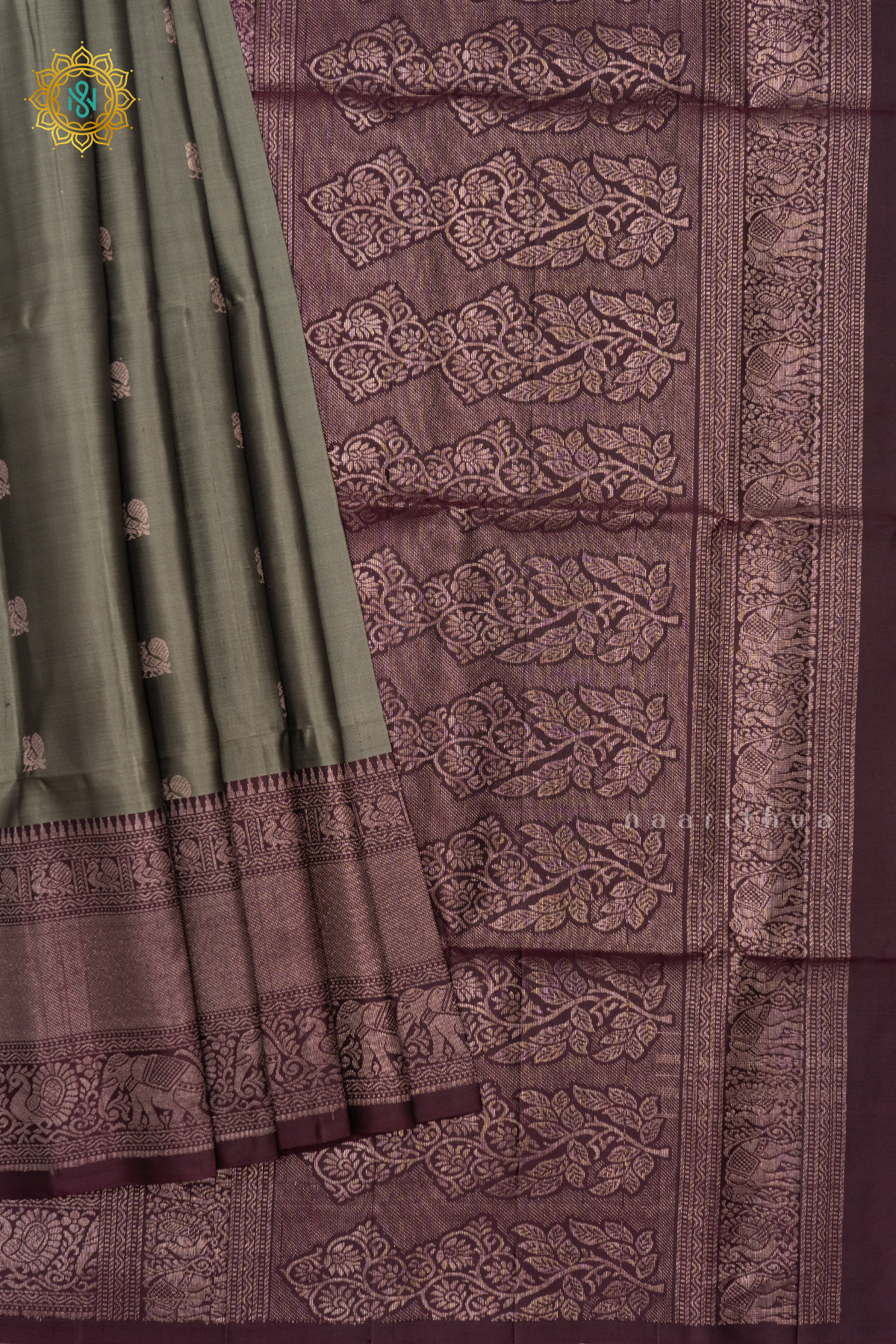 GREYISH GREEN WITH DEEP WINE - PURE KANJIVARAM SOFT SILK