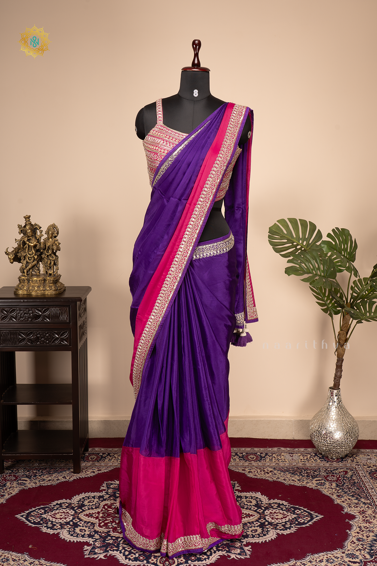 Purple With Pink Chinnon Designer Wear Saree with Readymade Blouse