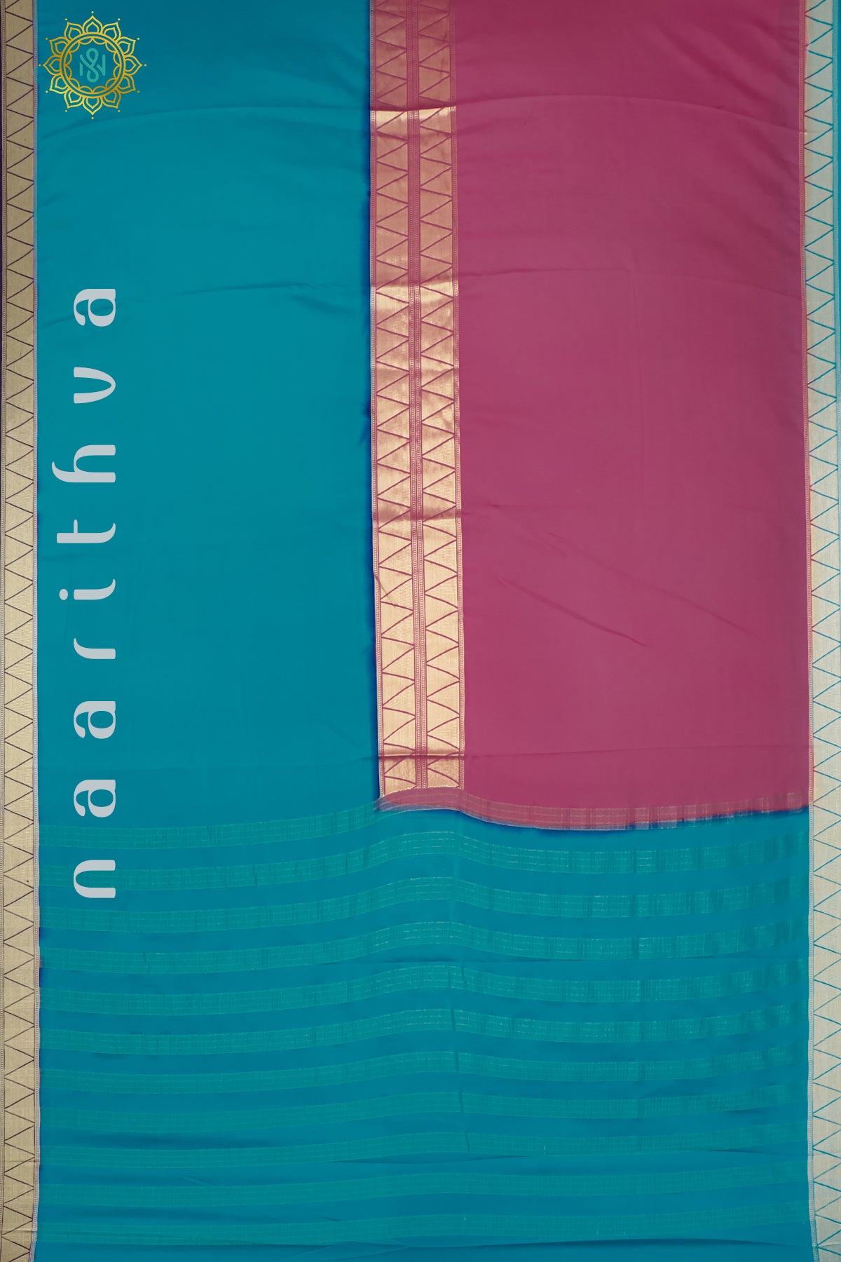 CYAN GREEN WITH PEACHISH PINK - SEMI MYSORE CREPE SILK