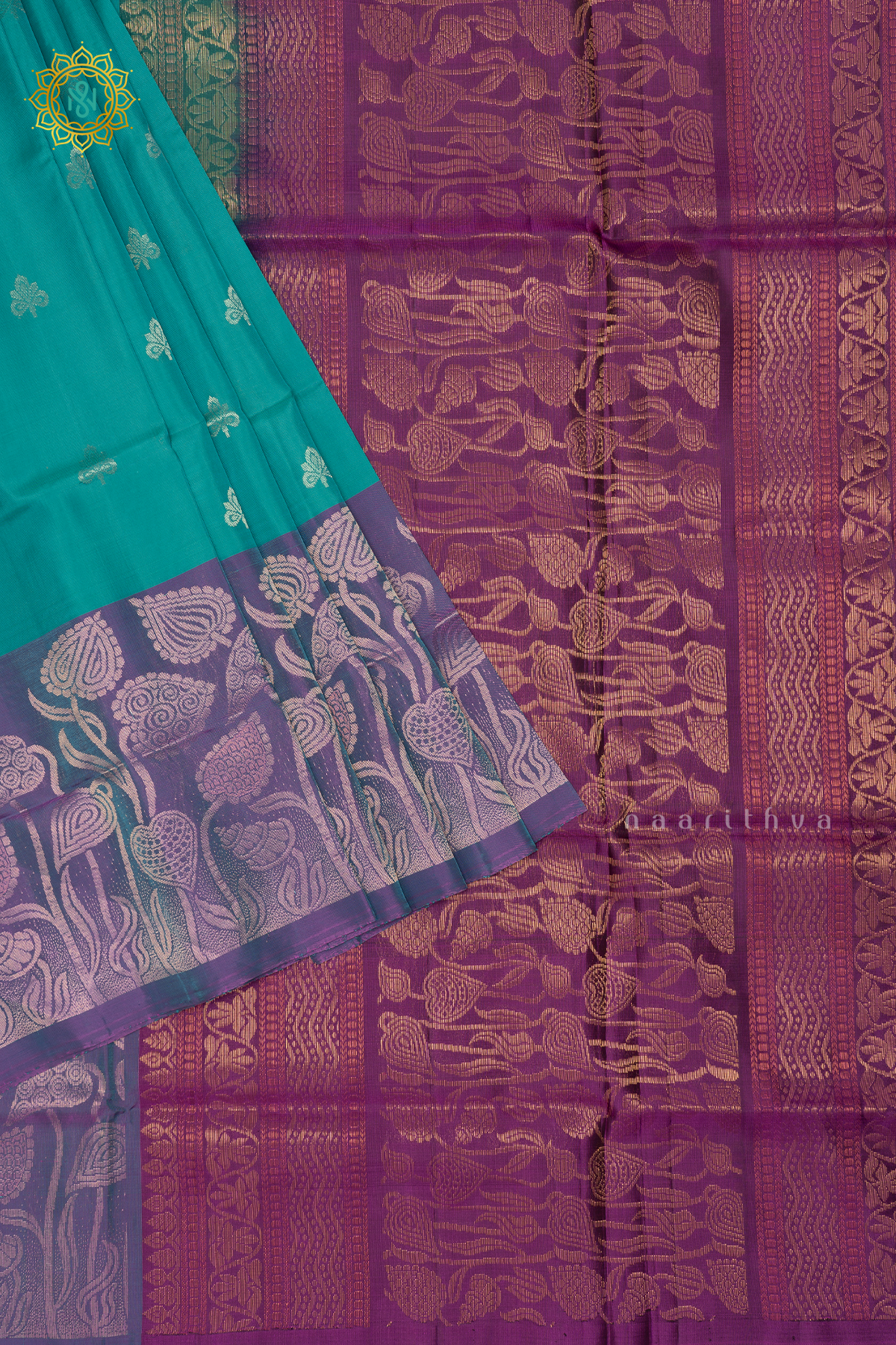 Aqua Blue with Purple Pure Mix Kanjivaram Soft Silk Saree with All-Over Zari Buttas and a Contrast Zari Border