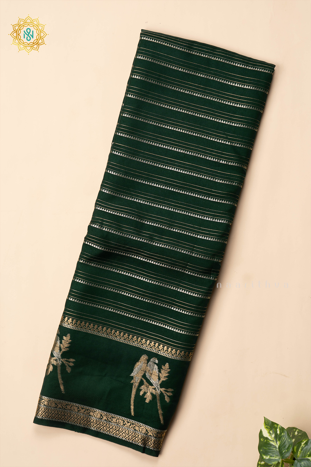 BOTTLE GREEN WITH RED - SEMI CREPE SILK