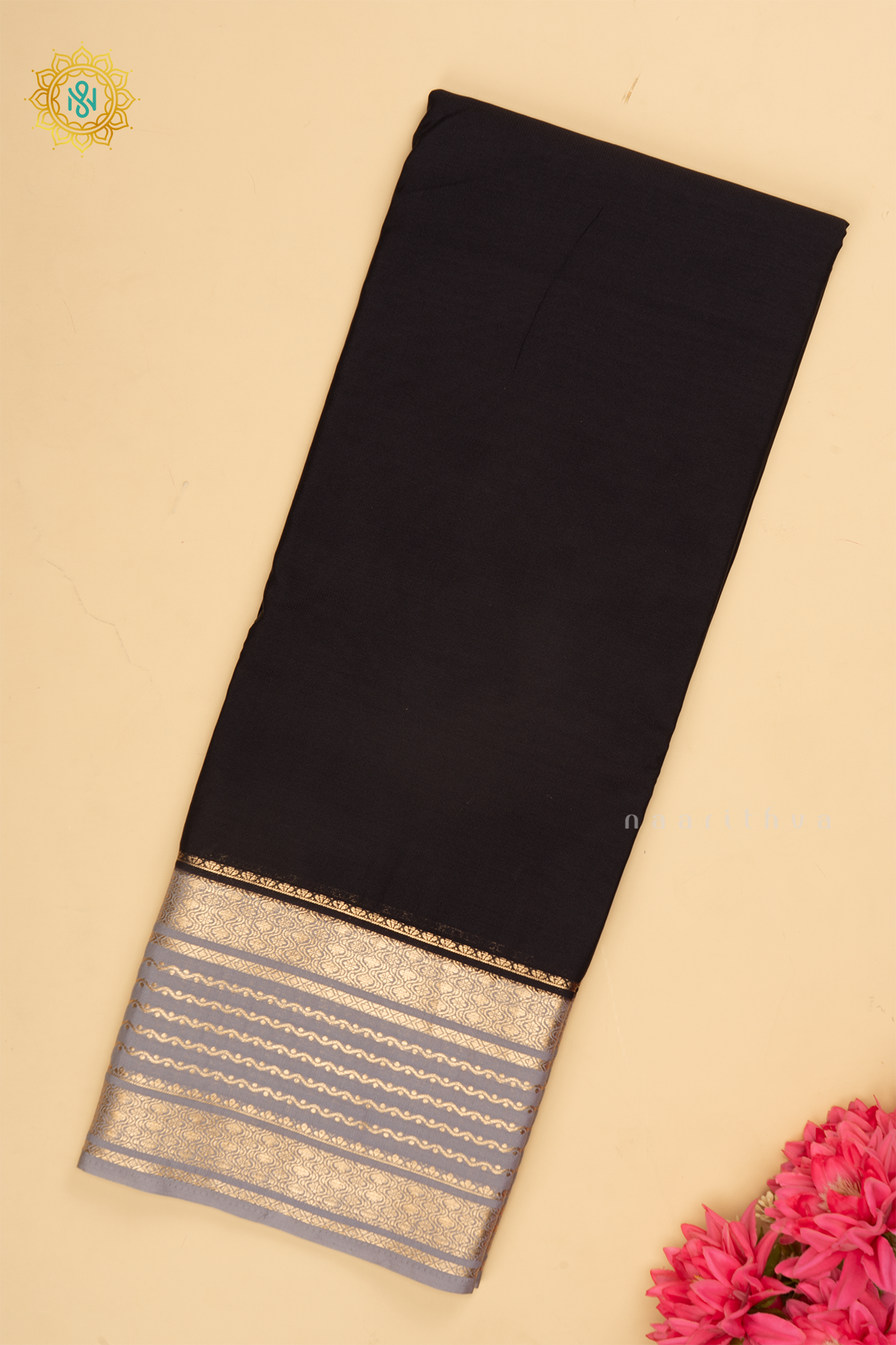 Black with Grey - Semi Crepe Silk Saree with Allover Plain Body with Contrast Zari Border, Pallu and Blouse
