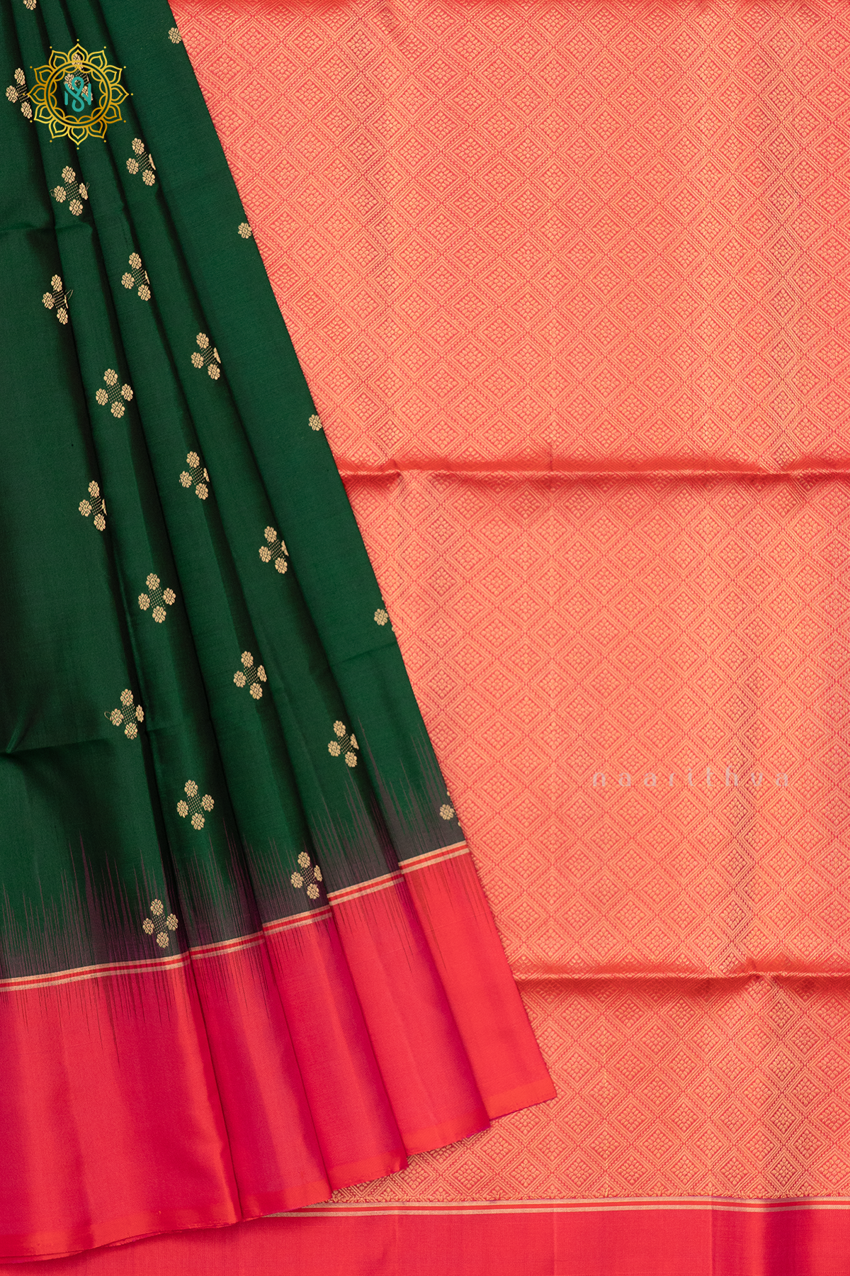 BOTTLE GREEN WITH PINKISH ORANGE - PURE KANJIVARAM SOFT SILK