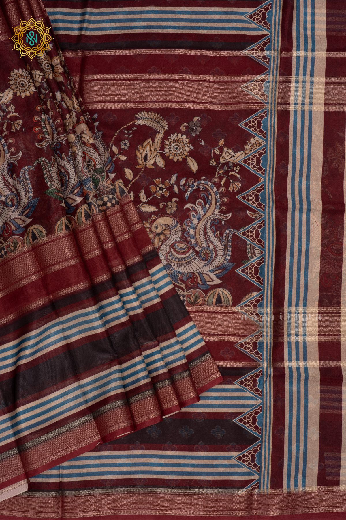 Brown - Semi Crepe Silk Saree Allover Printed Body with Zari Stripes with Pallu and Blouse