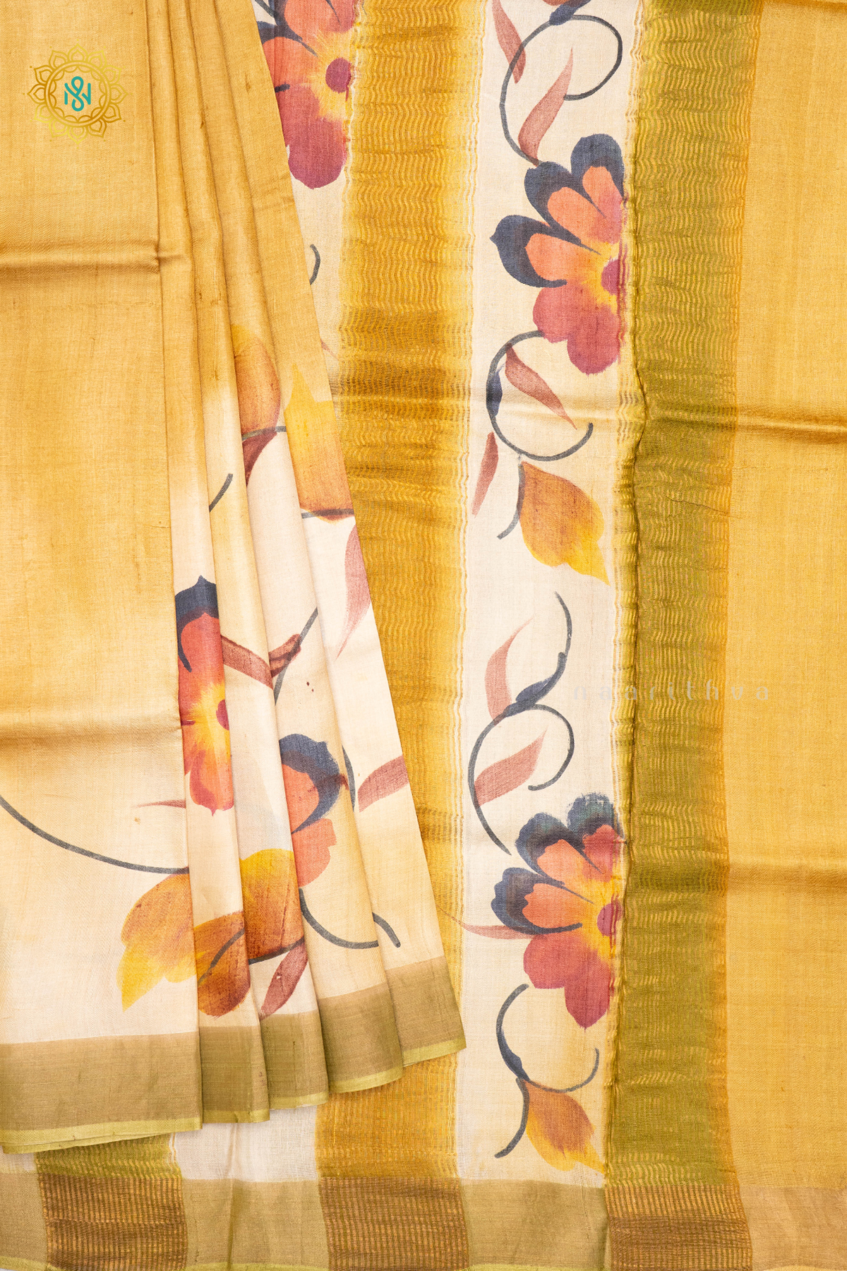 MUSTARD WITH LIGHT GREEN - PURE TUSSAR SILK WITH HAND PAINTED
