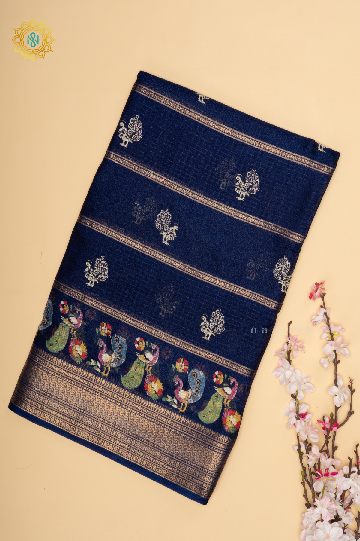NAVY BLUE - SEMI GEORGETTE SAREE ALLOVER PRINTED BUTTAS AND ZARI BORDER