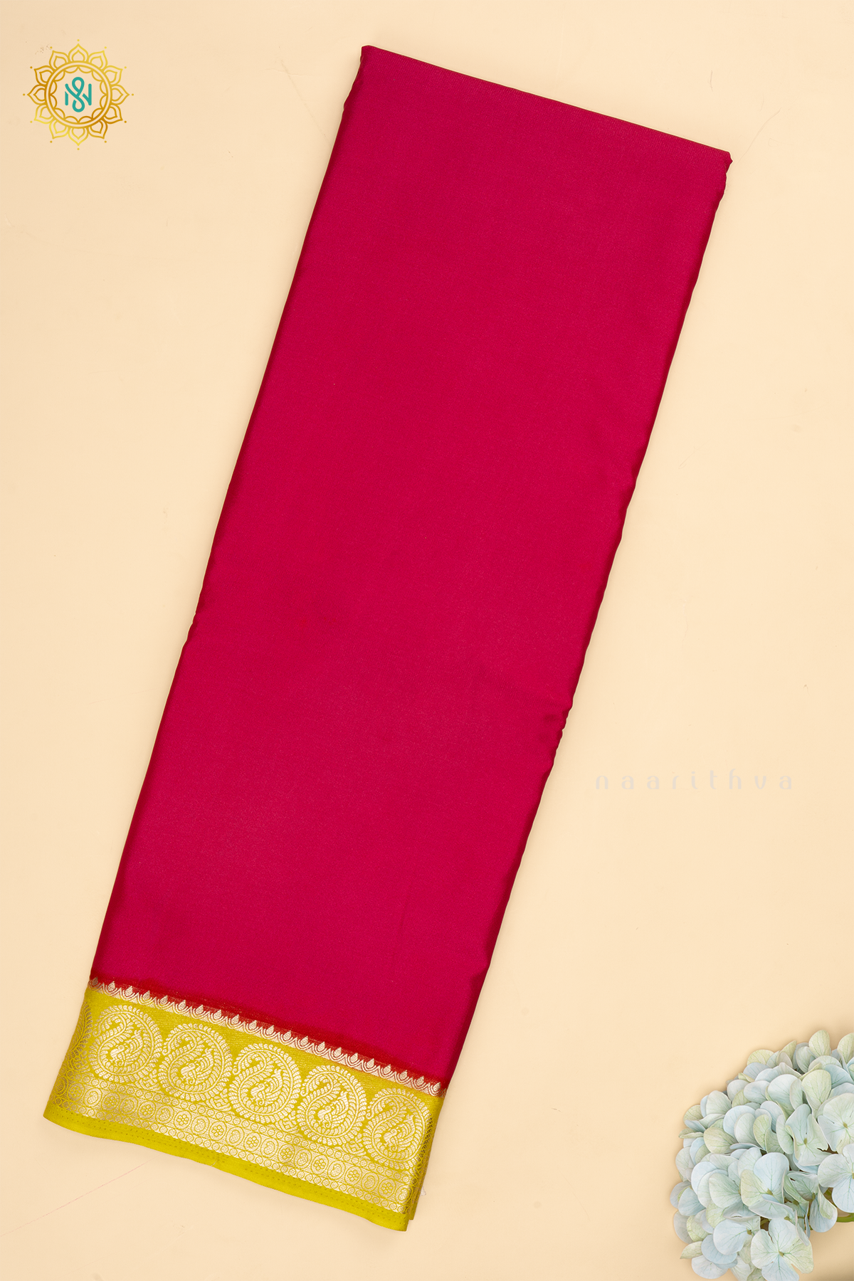Rani Pink With Yellow Semi Mysore Crepe Saree Plain Body With Contrast Mango Zari Border