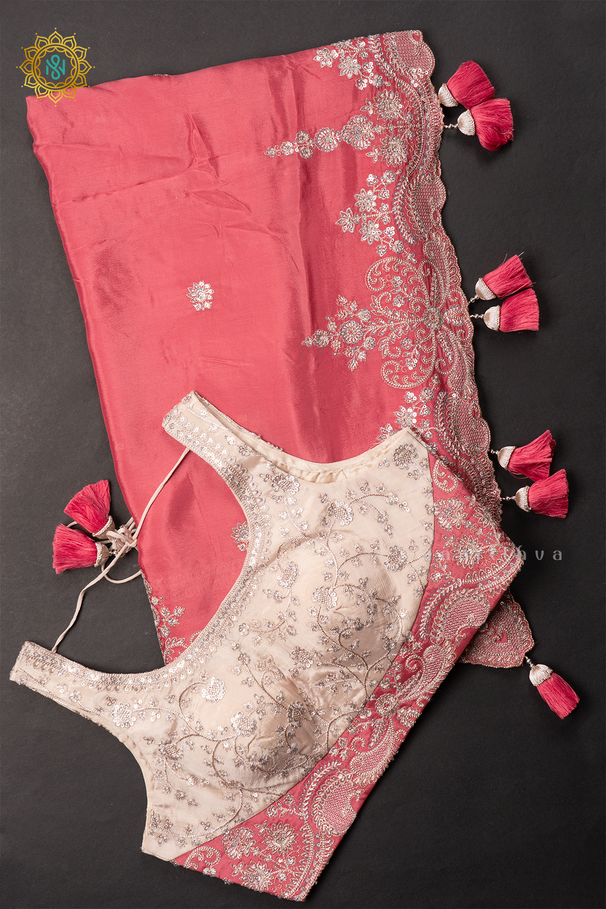 PEACH WITH WHITE - PARTY WEAR SAREE WITH READYMADE BLOUSE