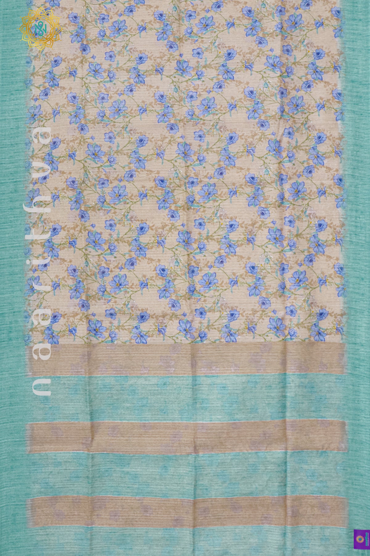 BIEGE WITH AQUA BLUE - JUTE COTTON