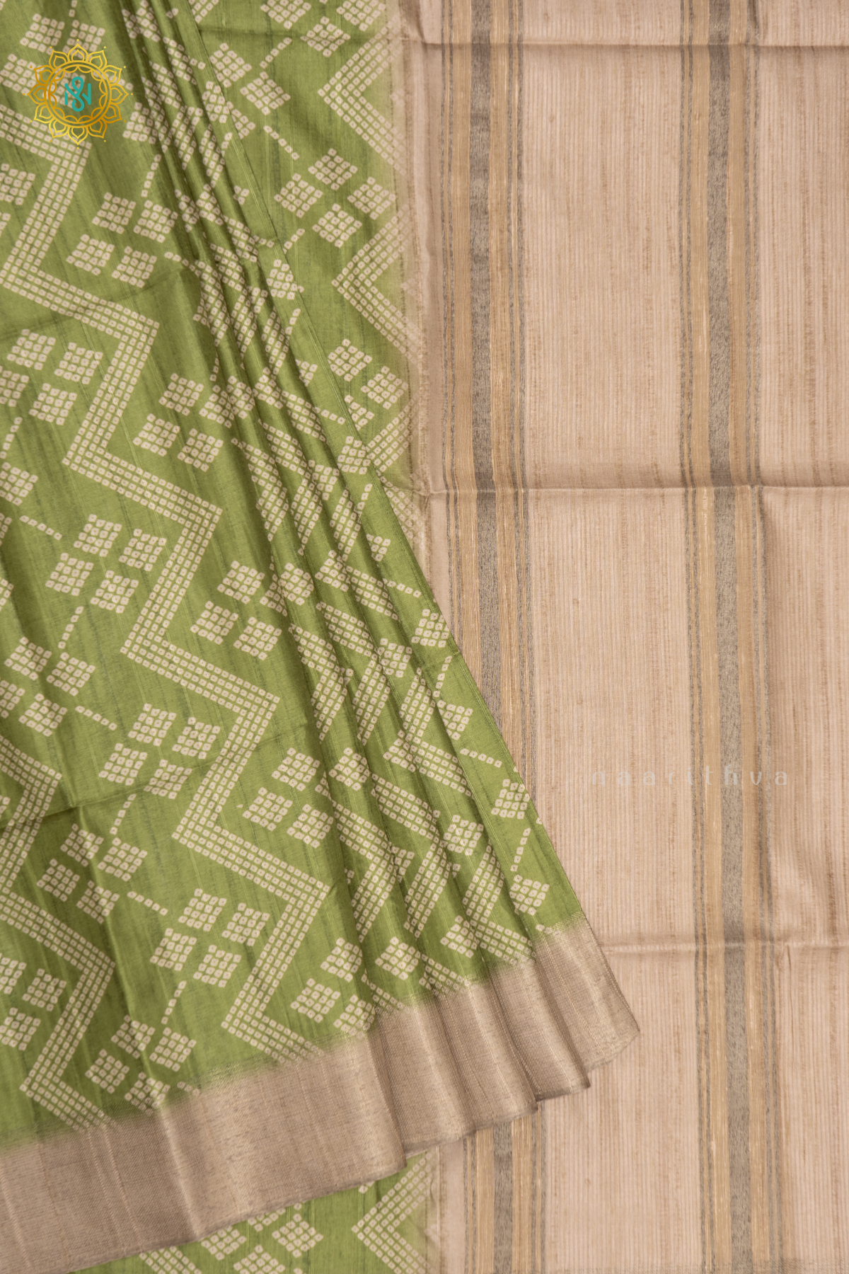 GREEN WITH BEIGE - SEMI TUSSAR SILK