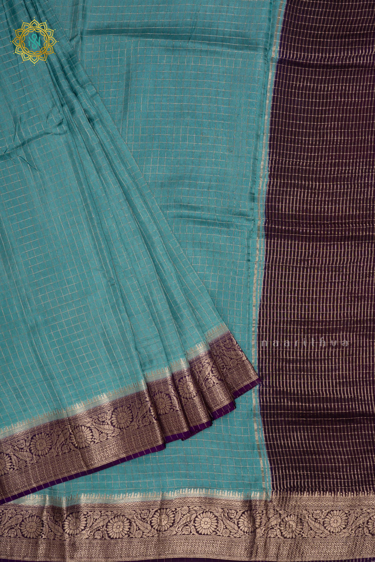 Aqua Blue With Purple - Semi Crepe Silk Saree