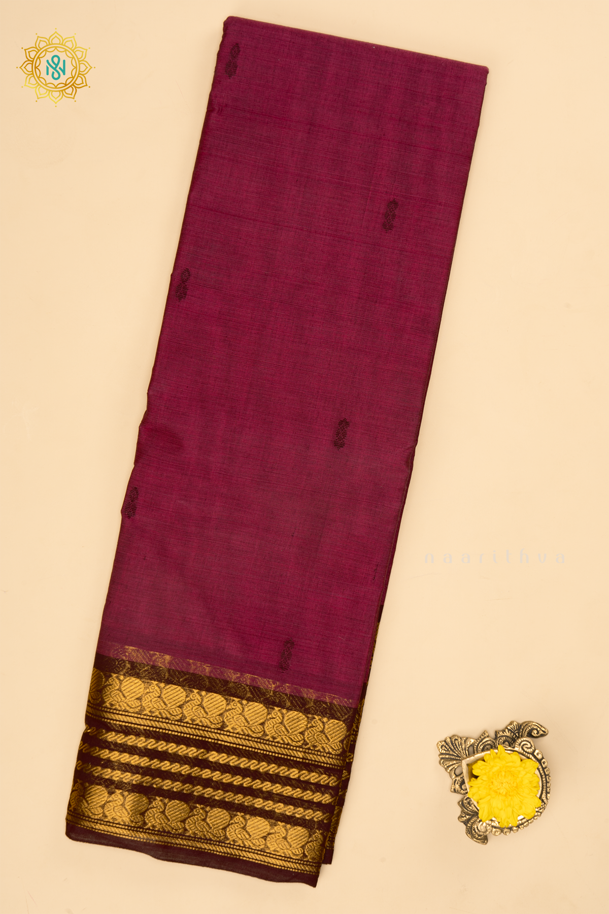 Magenta With Deep Wine - Chettinad Cotton Saree Allover Thread Woven Buttas With Contrast Zari Border