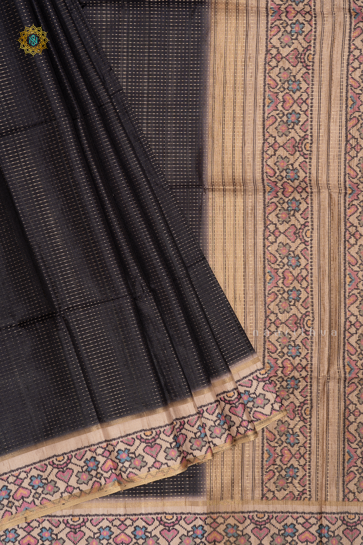BLACK WITH BEIGE - SEMI TUSSAR SILK