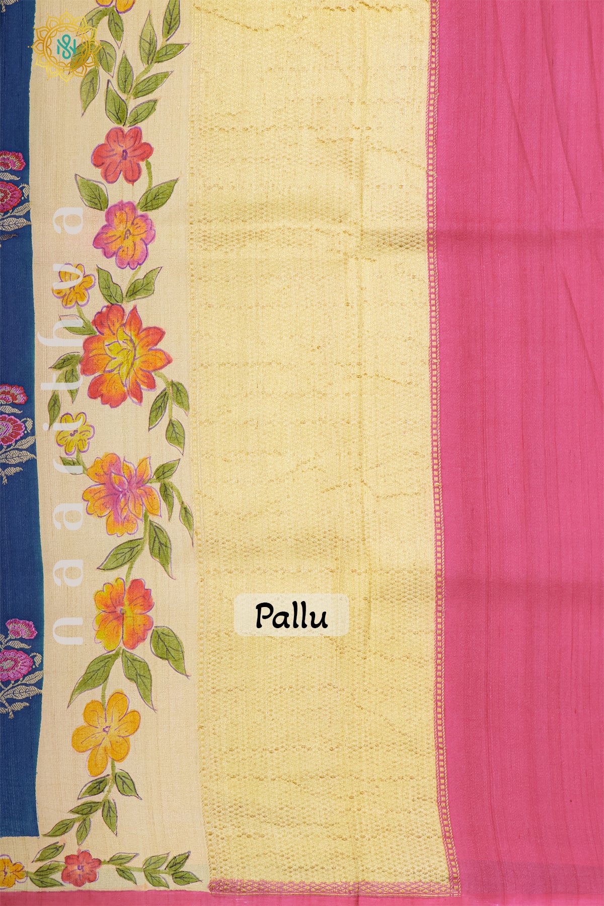 BLUE WITH BEIGE & PINK - PURE HAND PAINTED TUSSAR GEORGETTE