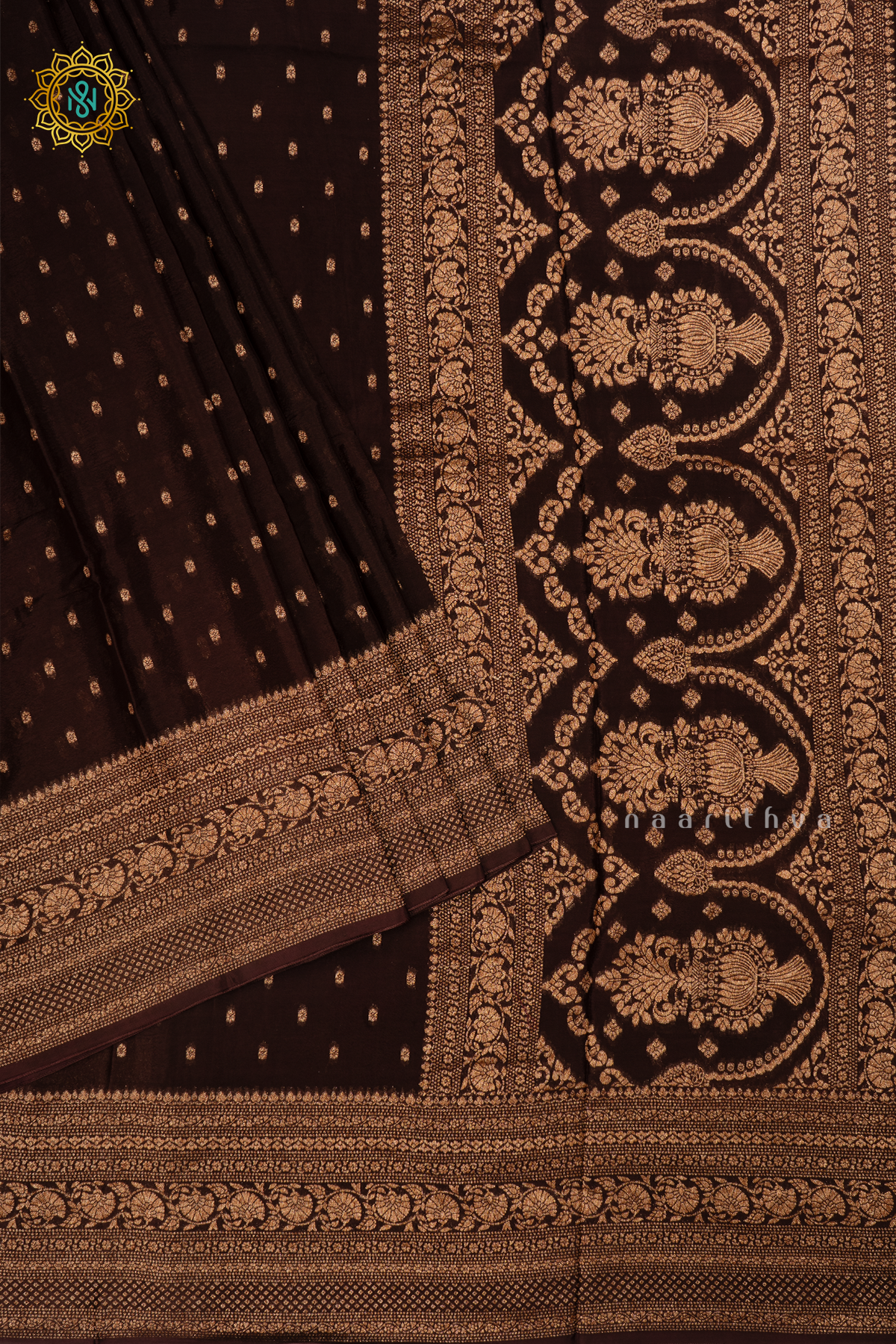 Brown Semi Banarasi Crepe Silk Saree with All-Over Zari Buttas and a Zari Border