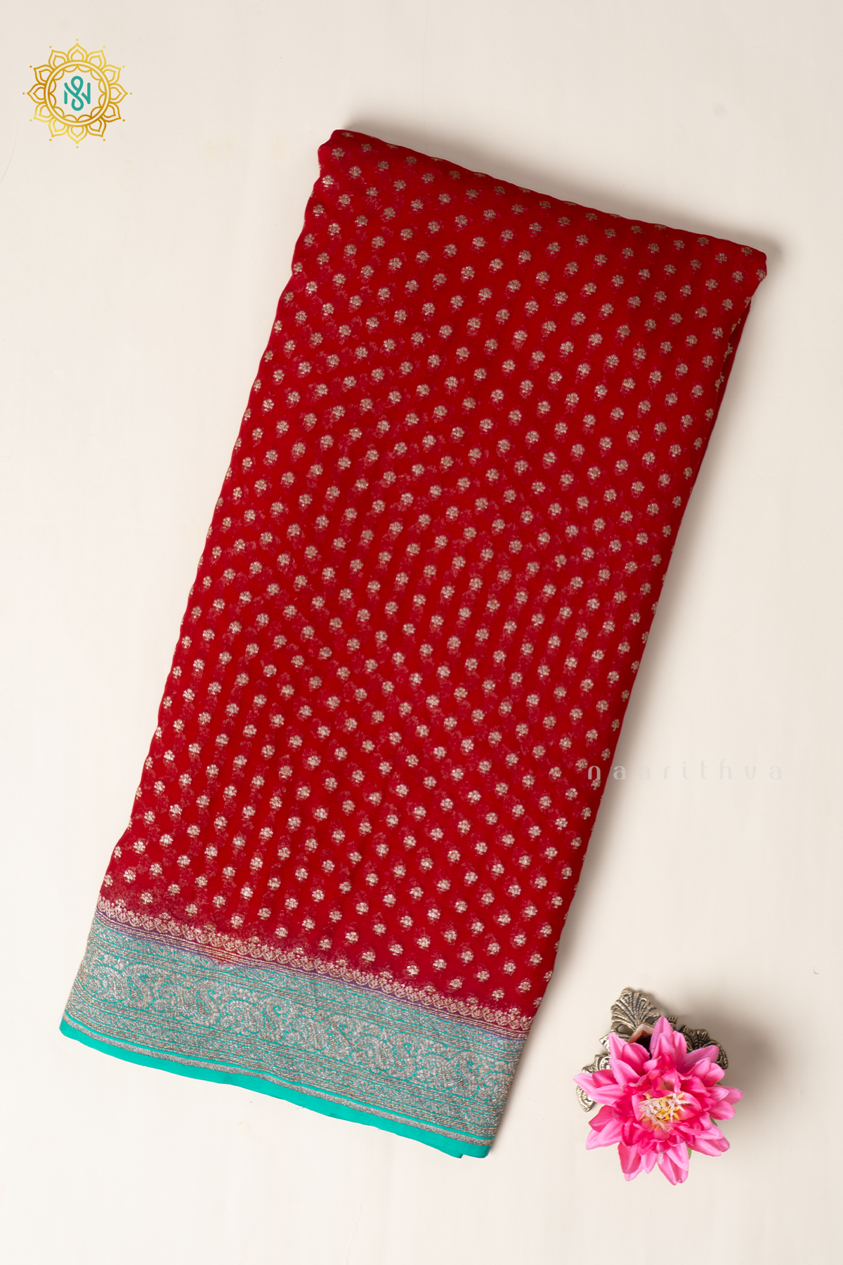 Red With Aqua Green Pure Banarasi Khaddi Georgette Allover Antique Zari Buttas On The Body With Contrast Zari Border & Pallu