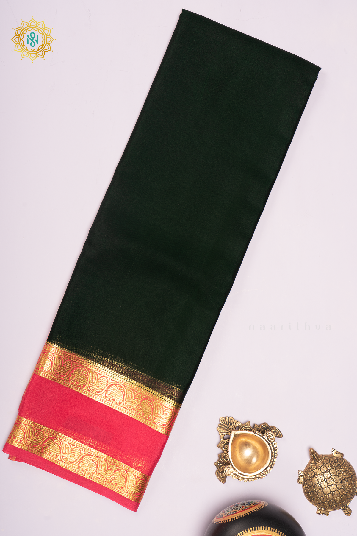 BOTTLE GREEN WITH PEACHISH PINK - PURE MYSORE CREPE SILK