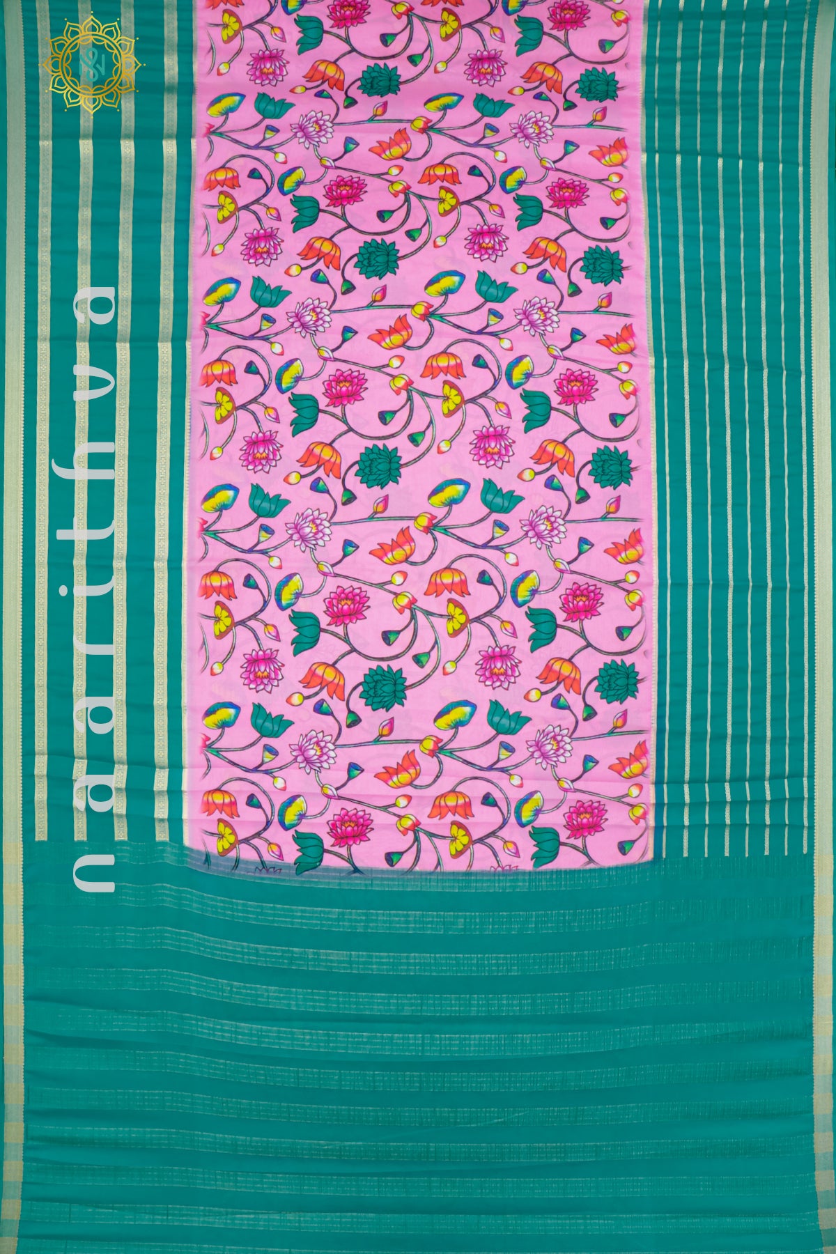 PINK WITH AQUA GREEN - SEMI MYSORE CREPE SILK