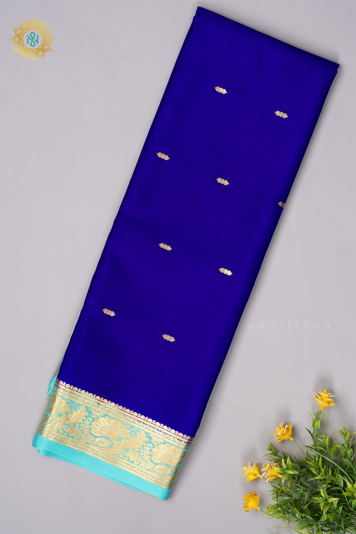 ROYAL BLUE WITH AQUA BLUE - PURE MYSORE CREPE SILK