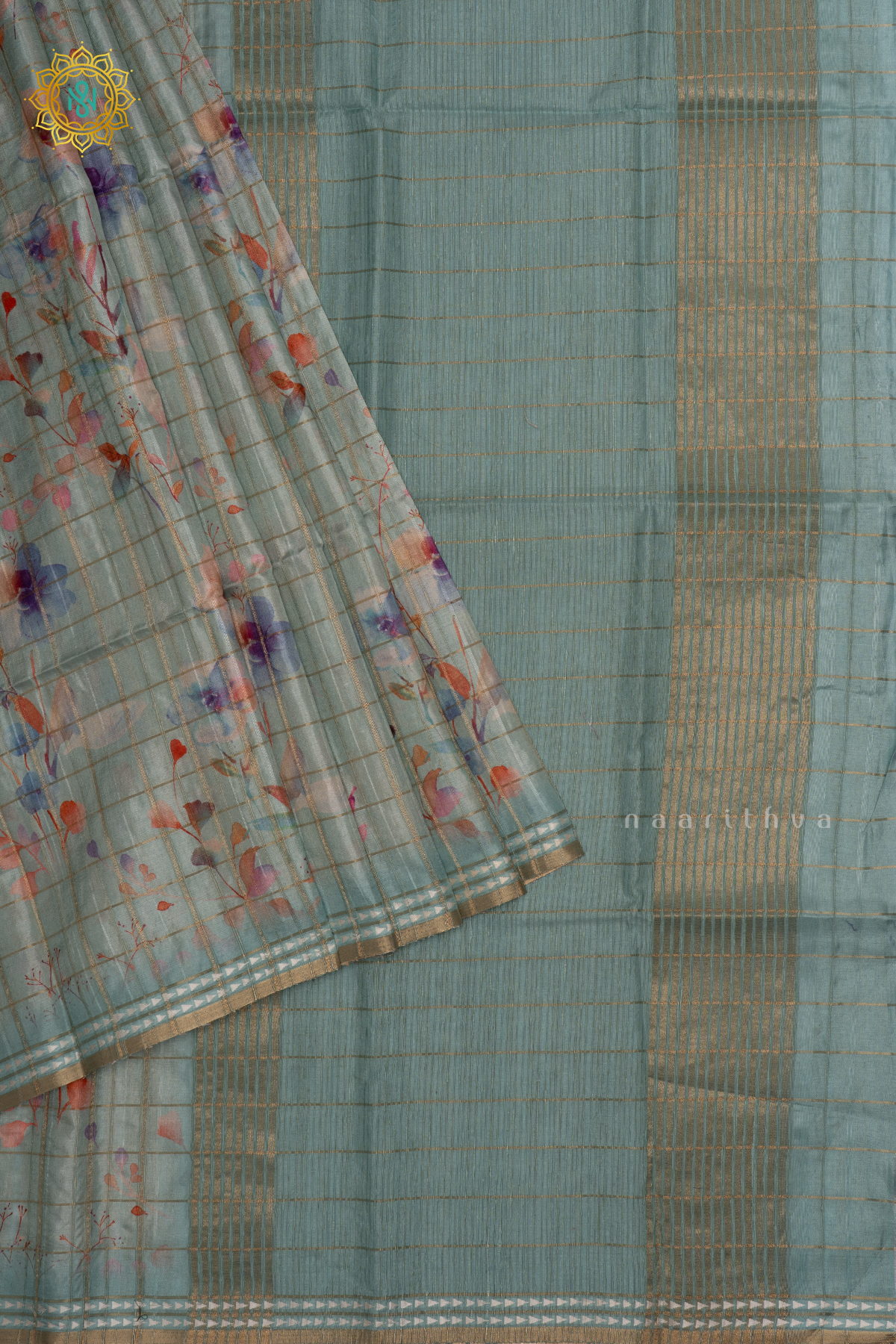 Light Blue - Kotha Tussar Silk Saree with Allover zari Checks and Printed Body with pallu and Blouse