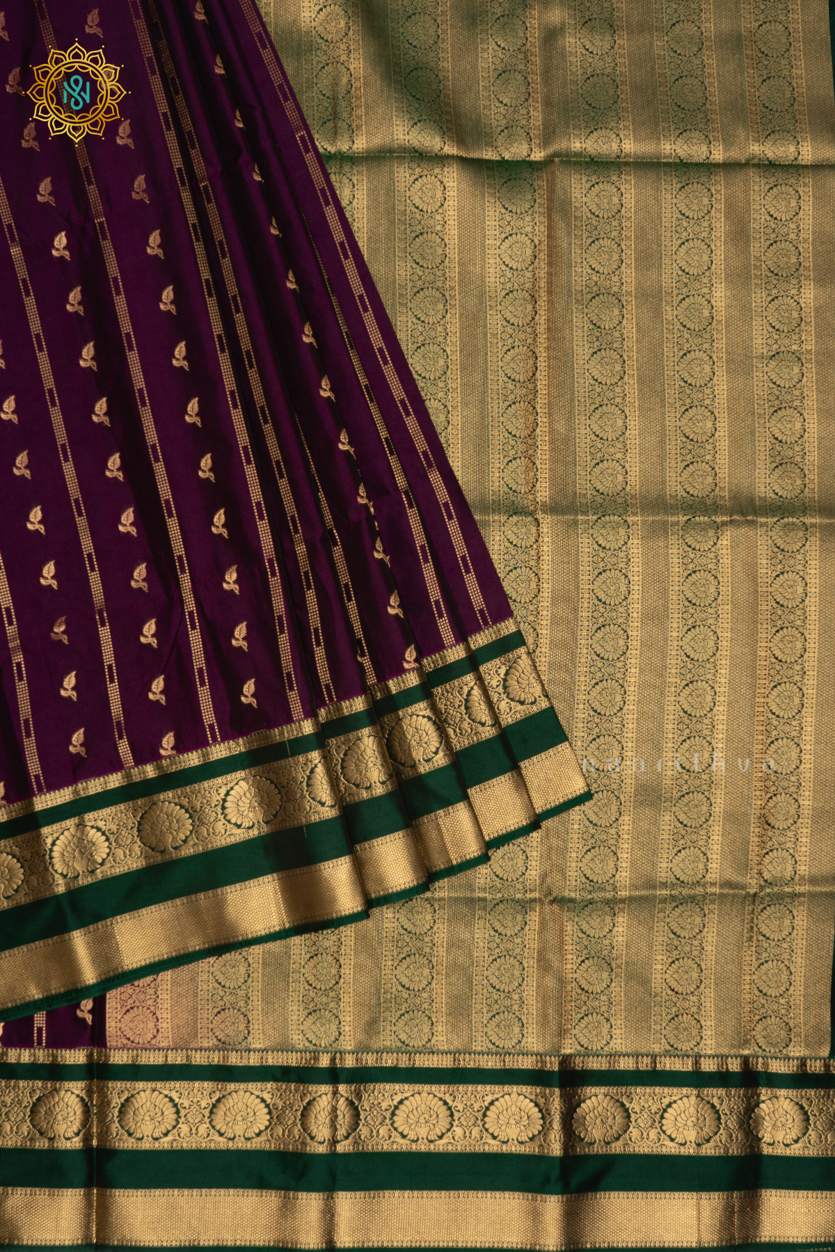 PURPLE WITH GREEN - SEMI KANCHI SAREE ALLOVER ZARI BUTTAS AND CONTRAST GAP BORDER