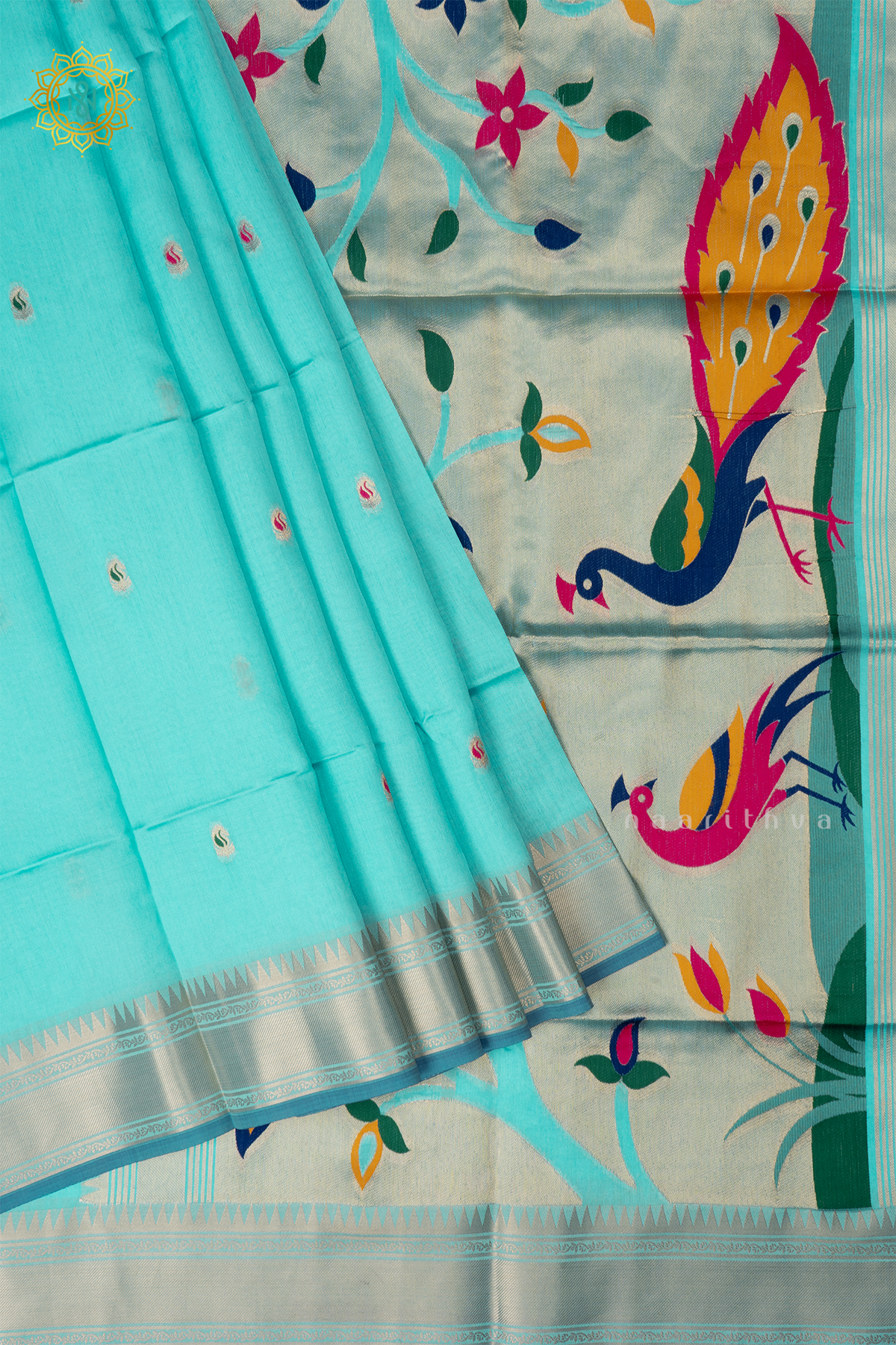 Aqua Blue Semi Tussar Silk Saree Zari Buttas On The Body With Paithani Border & Pallu