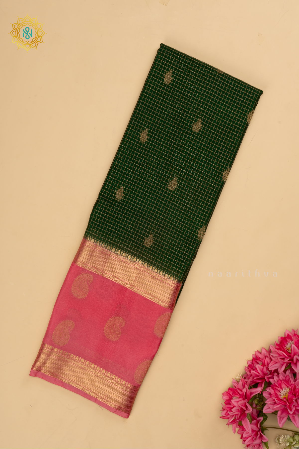 Bottle Green with Light Pink Semi Mysore Crepe Silk Saree with All-Over Zari Checks and Buttas and a Contrast Zari Gap Border