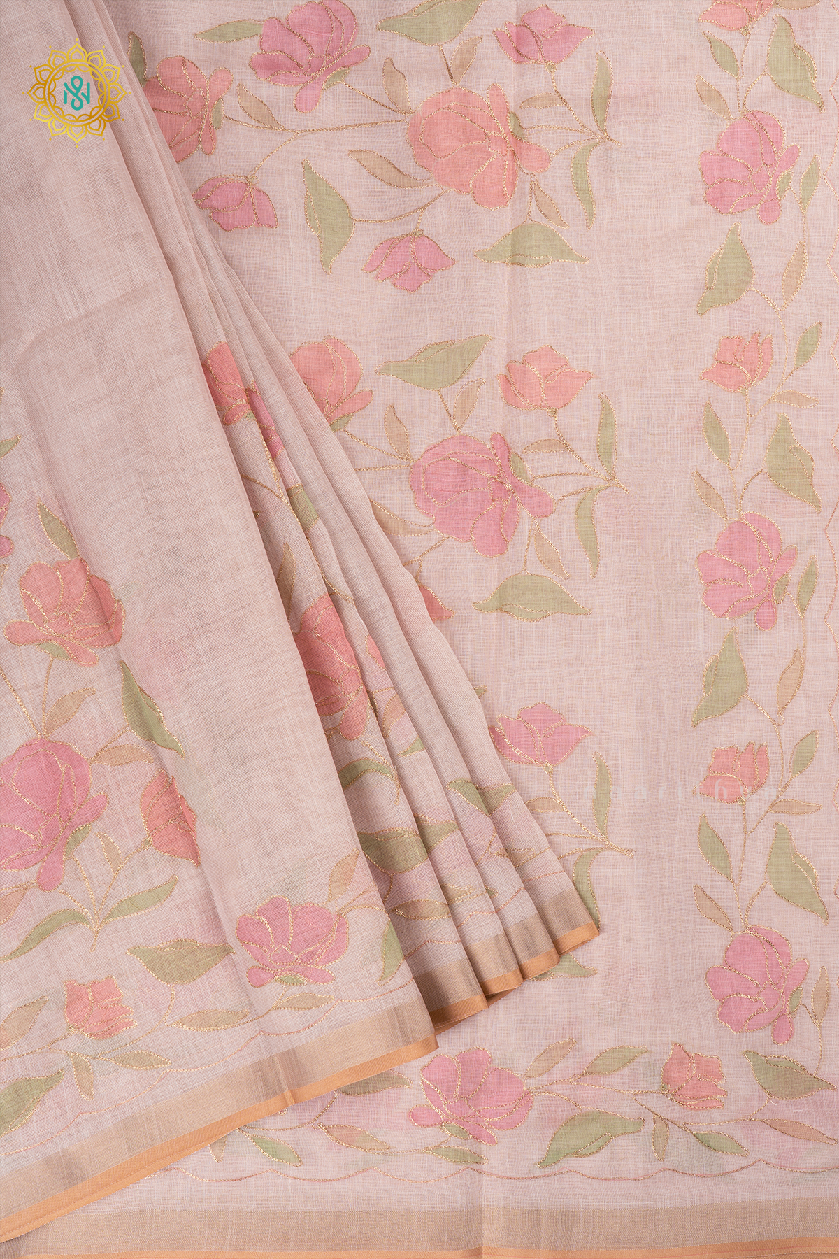 Off White Linen Tissue Saree with Aari Floral Work and Tissue Border