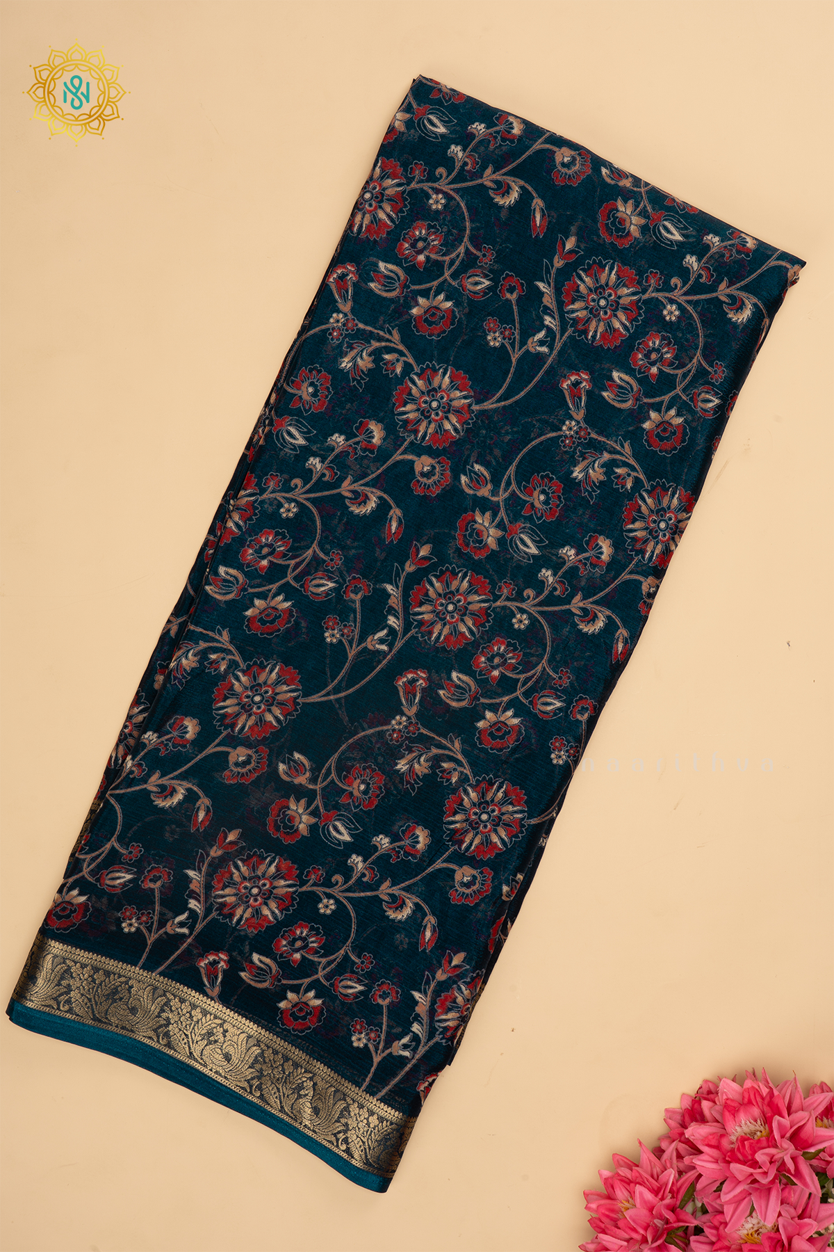Navy Blue Semi Georgette  Saree With Printed Body And Zari Border
