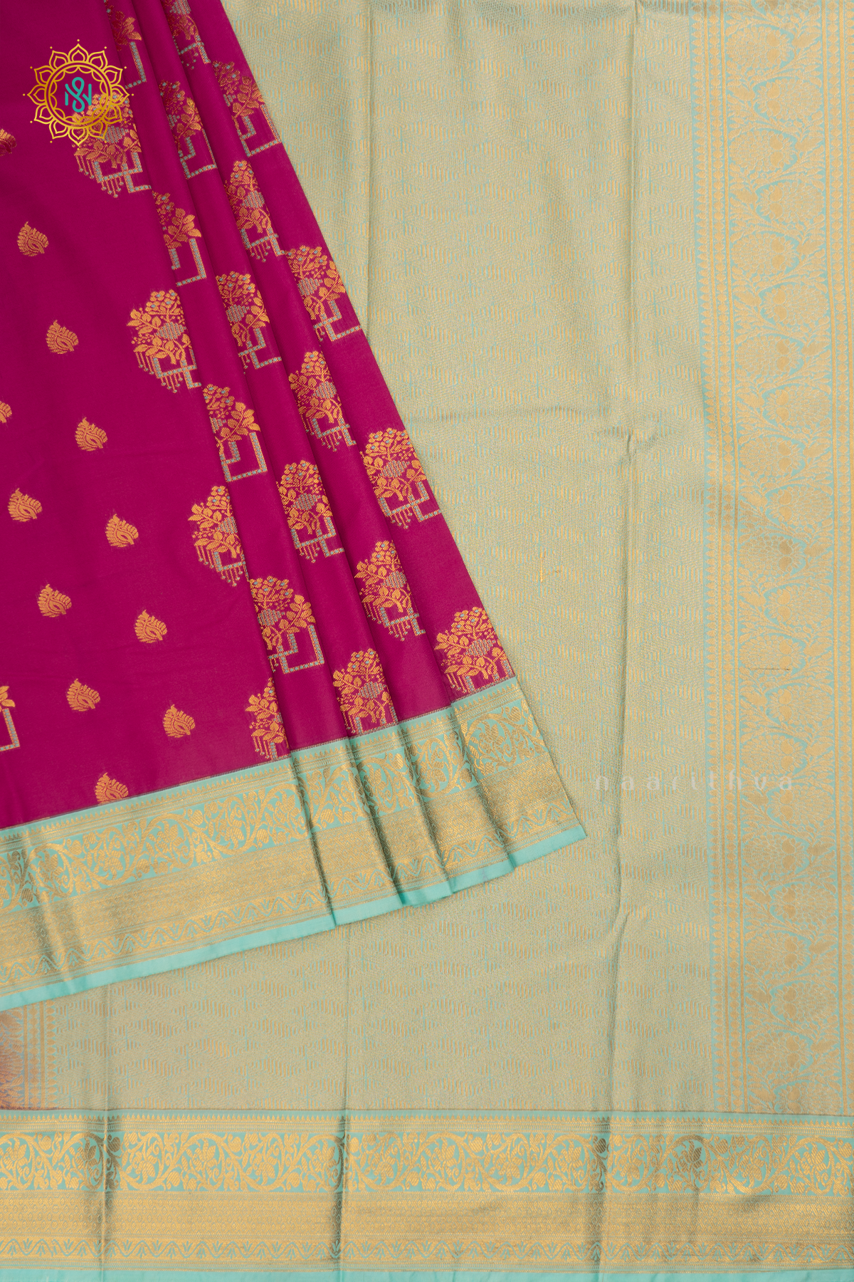 Rani Pink with Aqua Blue Semi Kanchi Saree With Zari Buttas All Over And Contrast Zari Border