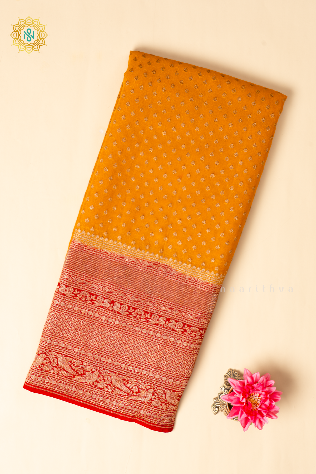 Yellow With Red Pure Banarasi Khaddi Georgette Allover Antique Zari Buttas On The Body With Contrast Zari Border & Pallu