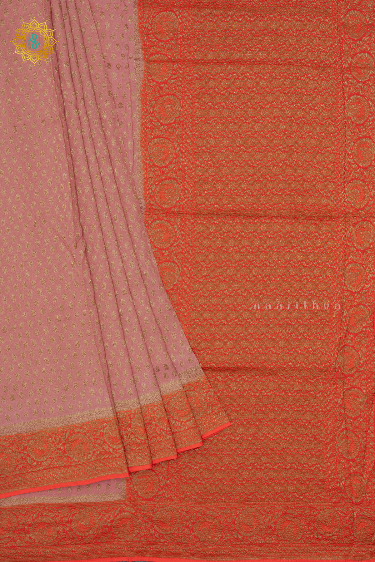 PEACH WITH RED -  SEMI GEORGETTE