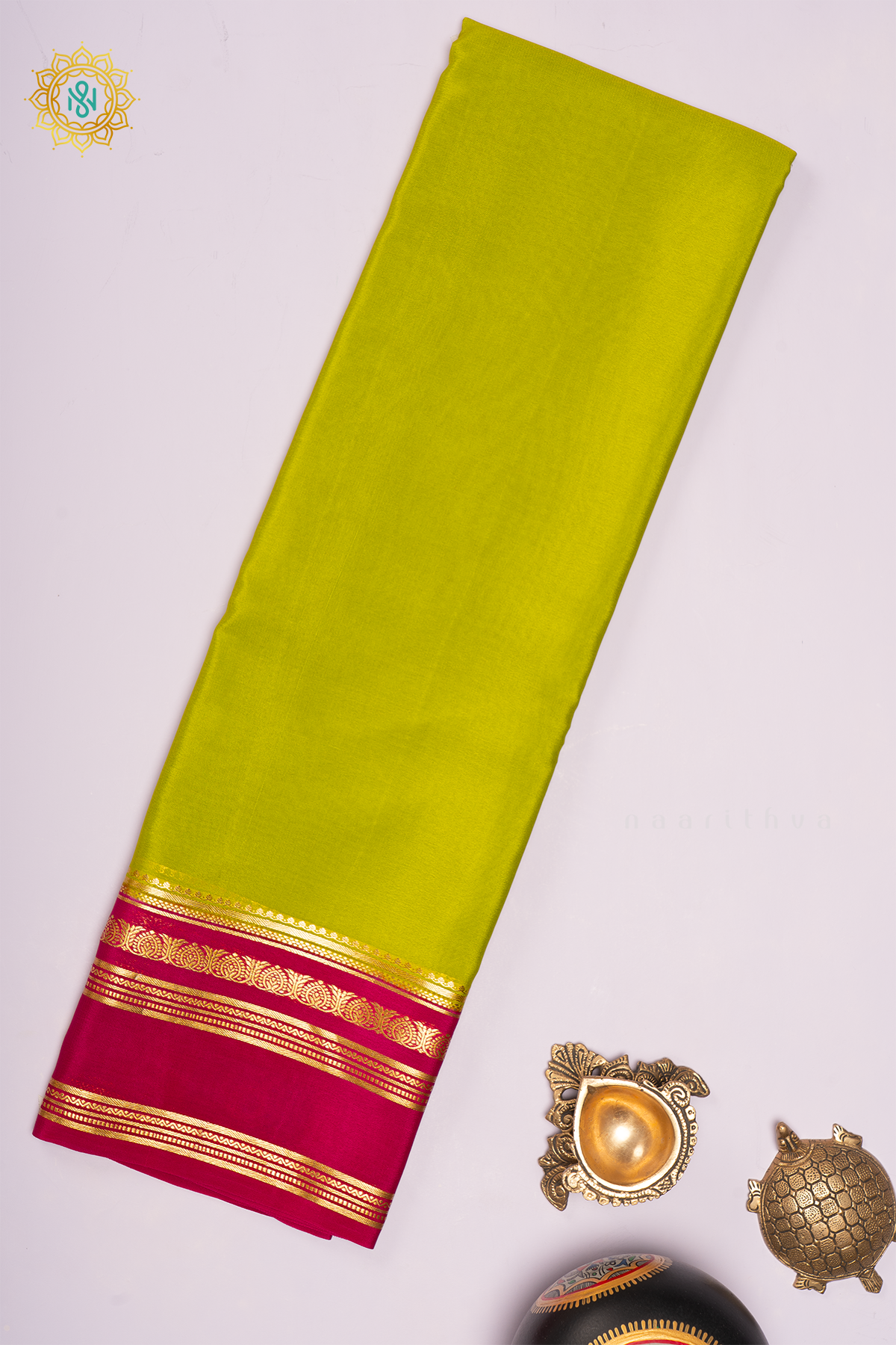 PARROT GREEN WITH PINK - PURE MYSORE CREPE SILK
