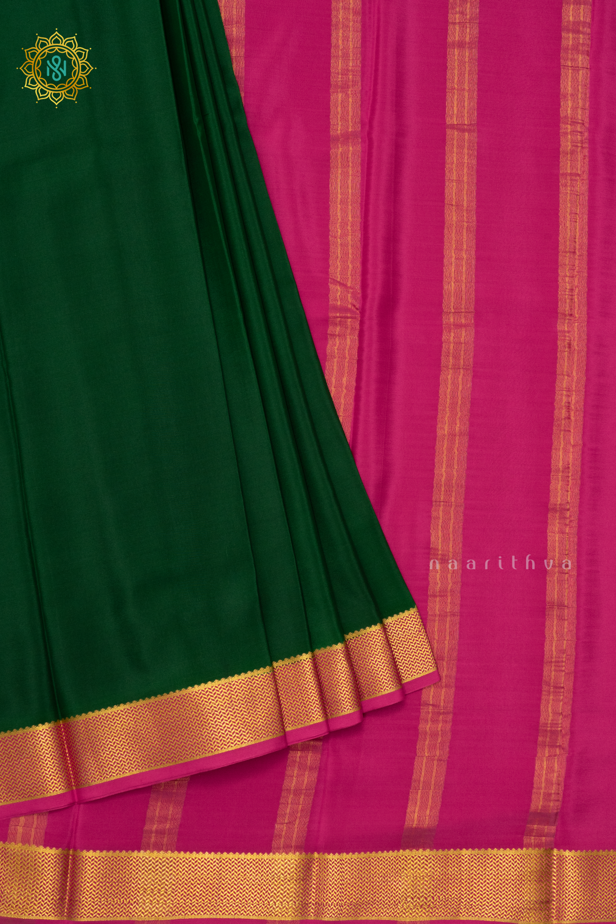 BOTTLE GREEN WITH PINK - PURE MYSORE CREPE SILK