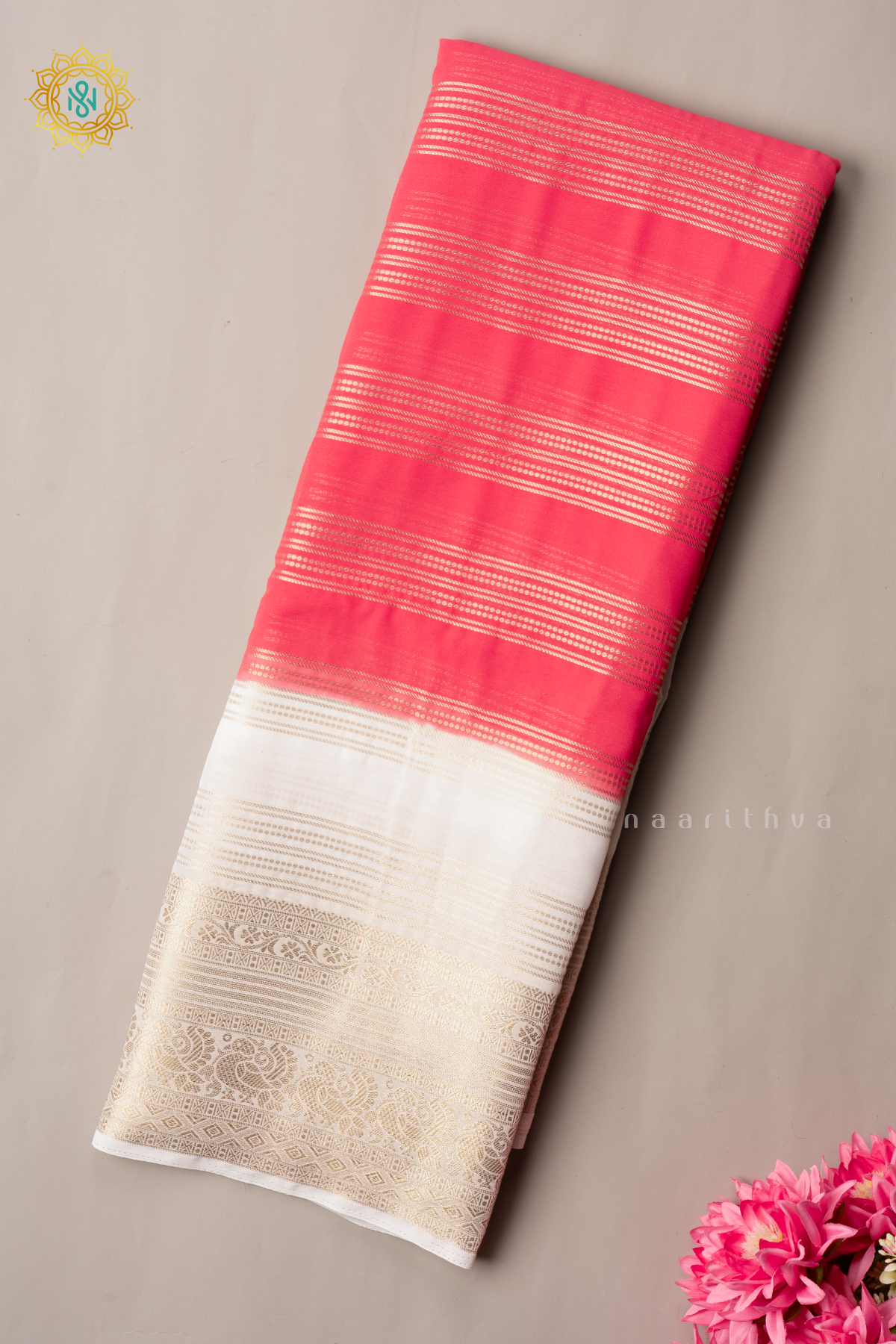 PEACHISH PINK WITH WHITE - SEMI CREPE GEORGETTE