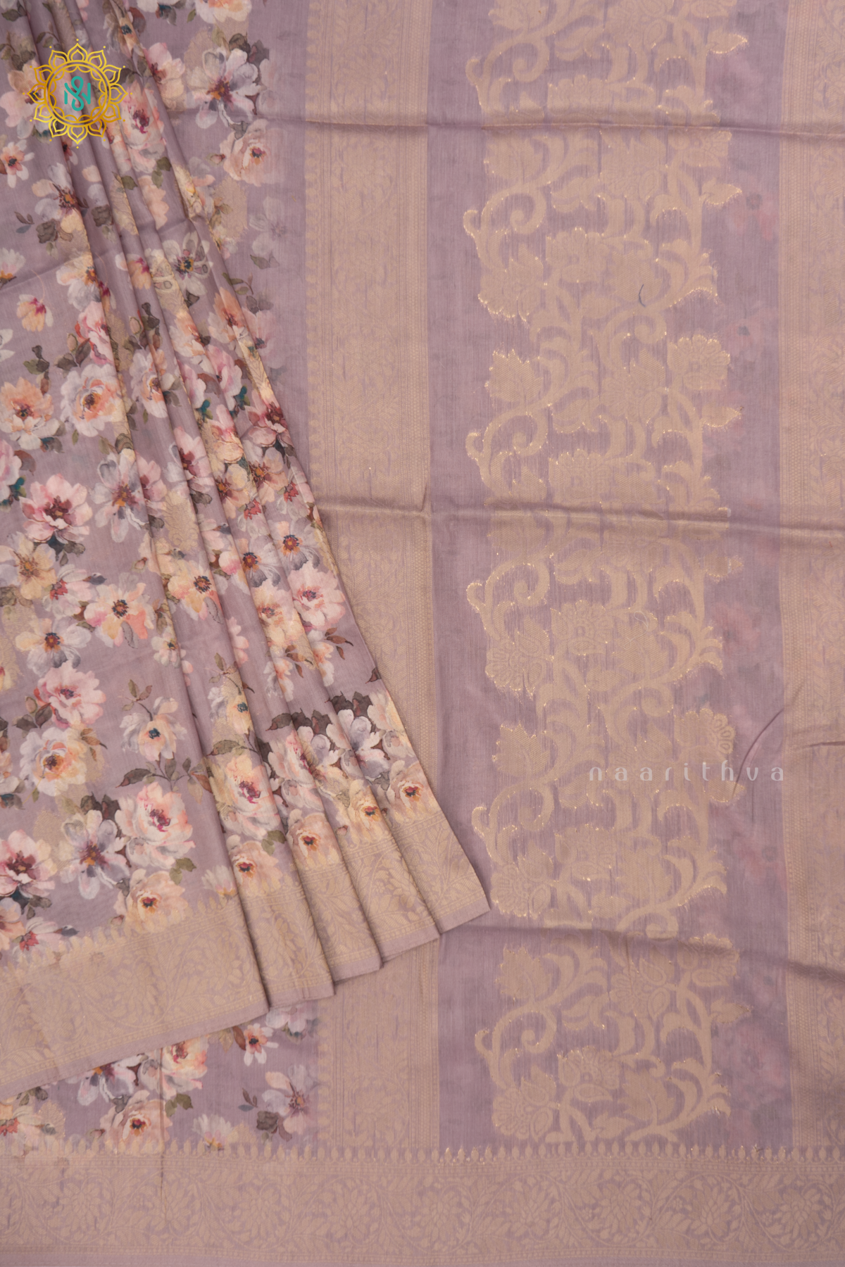 Lavender Semi Crepe Silk Saree with Printed Body, Zari Border, and Zari Pallu