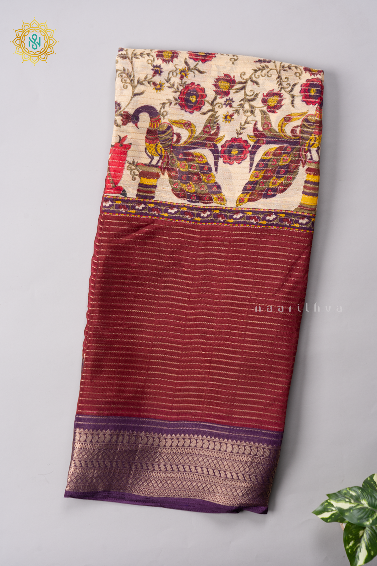 OFF WHITE WITH MAROON & PURPLE - SEMI GEORGETTE