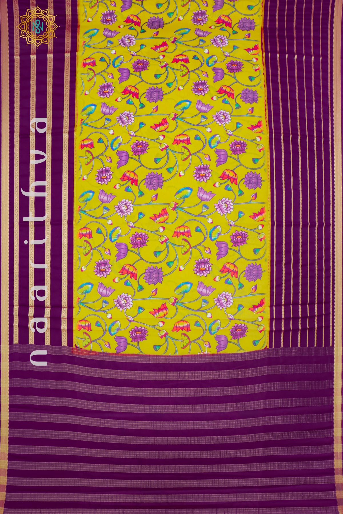 YELLOW WITH PURPLE - SEMI MYSORE CREPE SILK