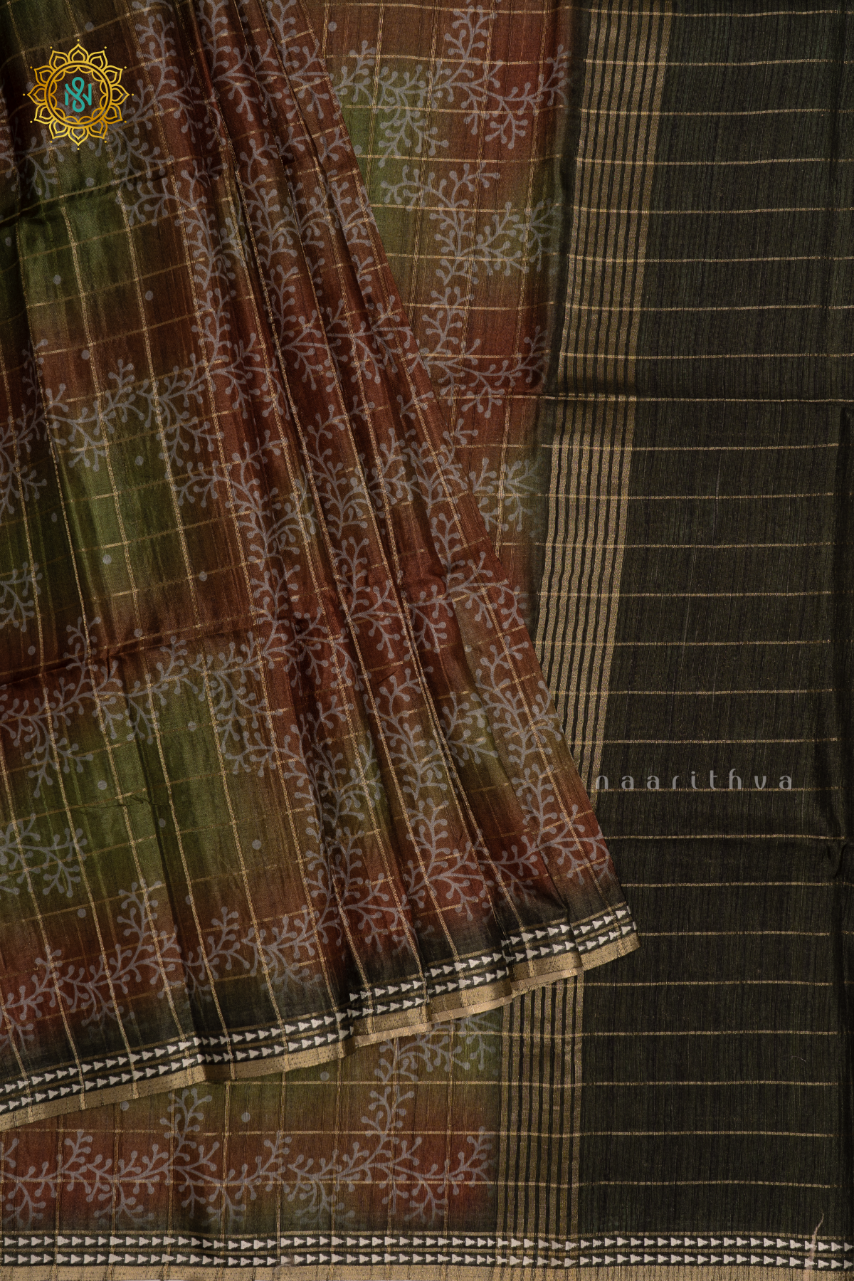 GREEN - KOTHA TUSSAR SAREE WITH PRINTED AND ZARI CHECKS BODY,  THREAD WOVEN BORDER