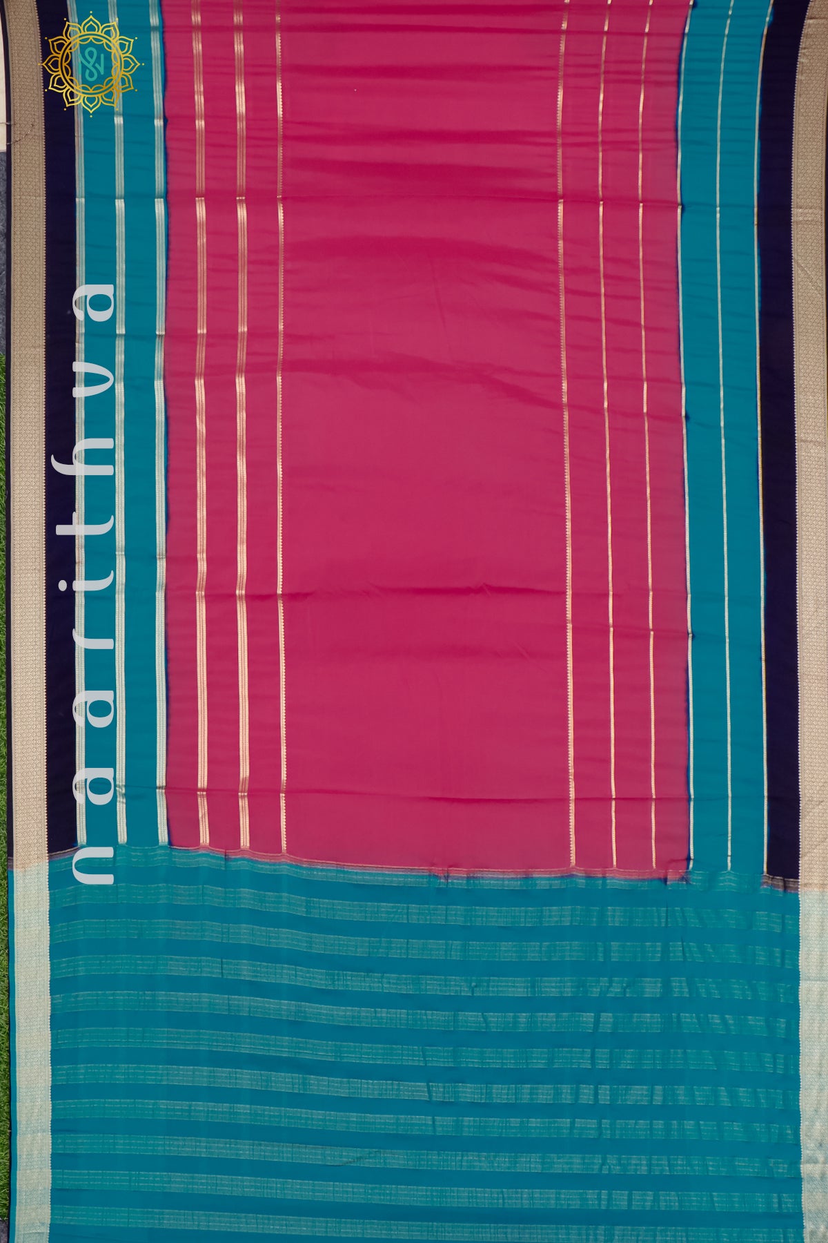 PINK WITH CYAN GREEN & NAVY BLUE - SEMI MYSORE CREPE SILK