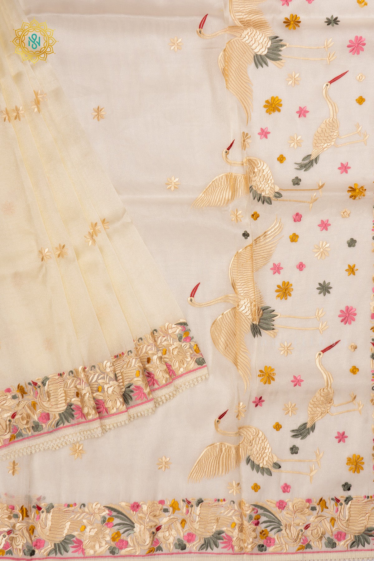 Off White Tissue Organza Saree All Over Hand Embroidery Buttas with Hand Embroidery Border