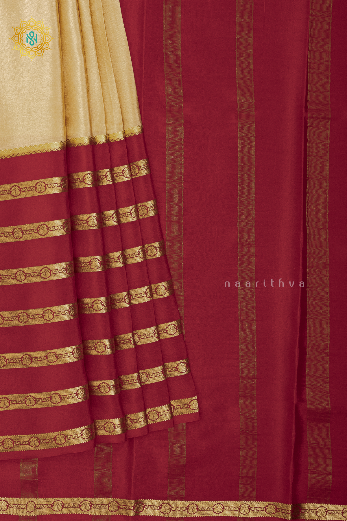LIGHT BISCUIT WITH RED - PURE MYSORE CREPE SILK