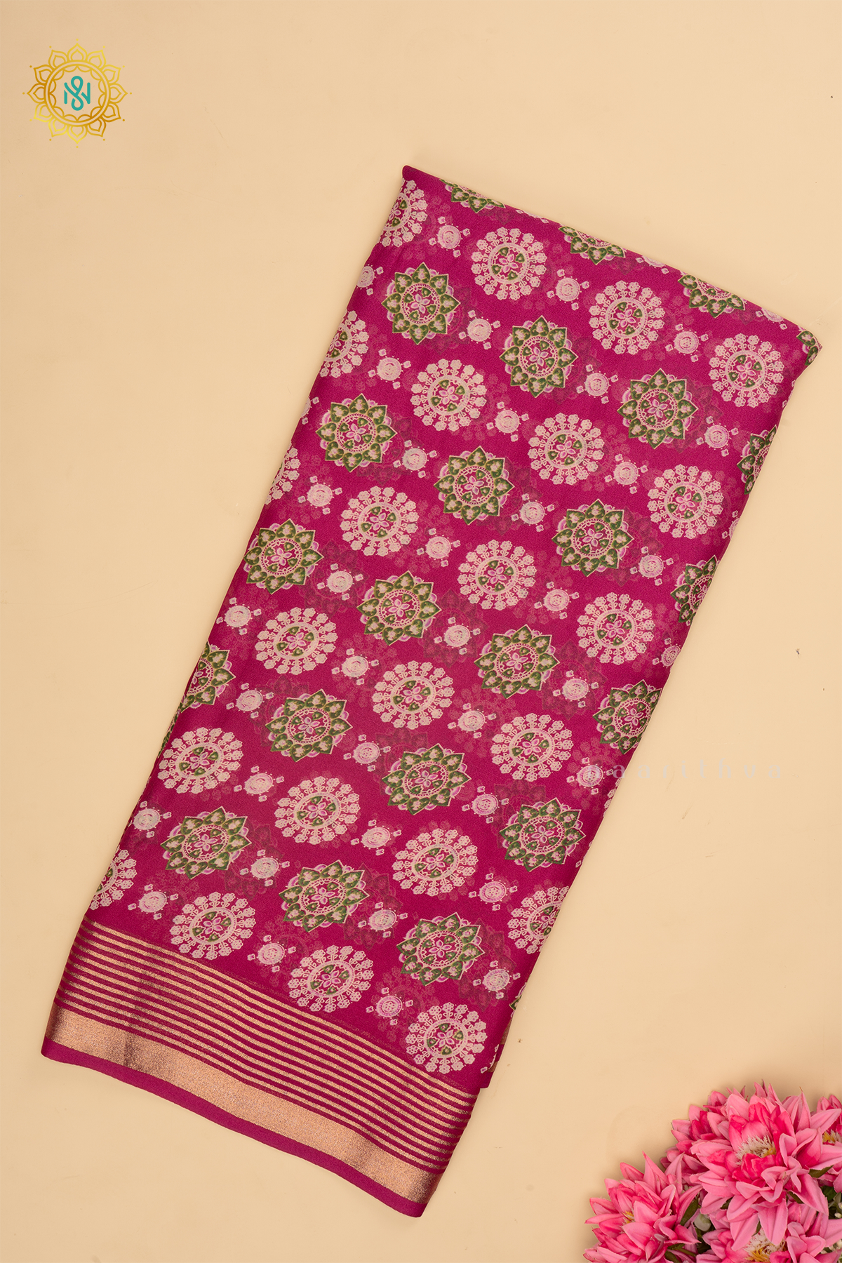 Pink - Semi Georgette Printed Body With Zari Striped Border