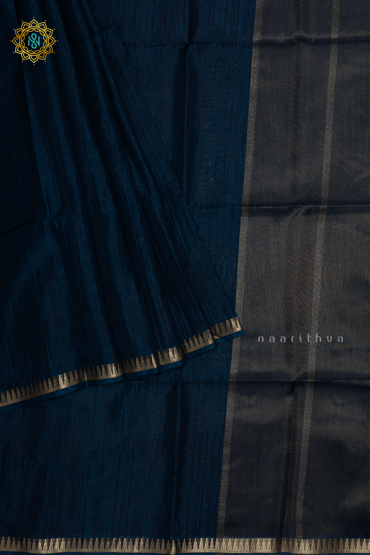 Blue Semi Raw Silk Saree With Plain Body And Temple Zari Border