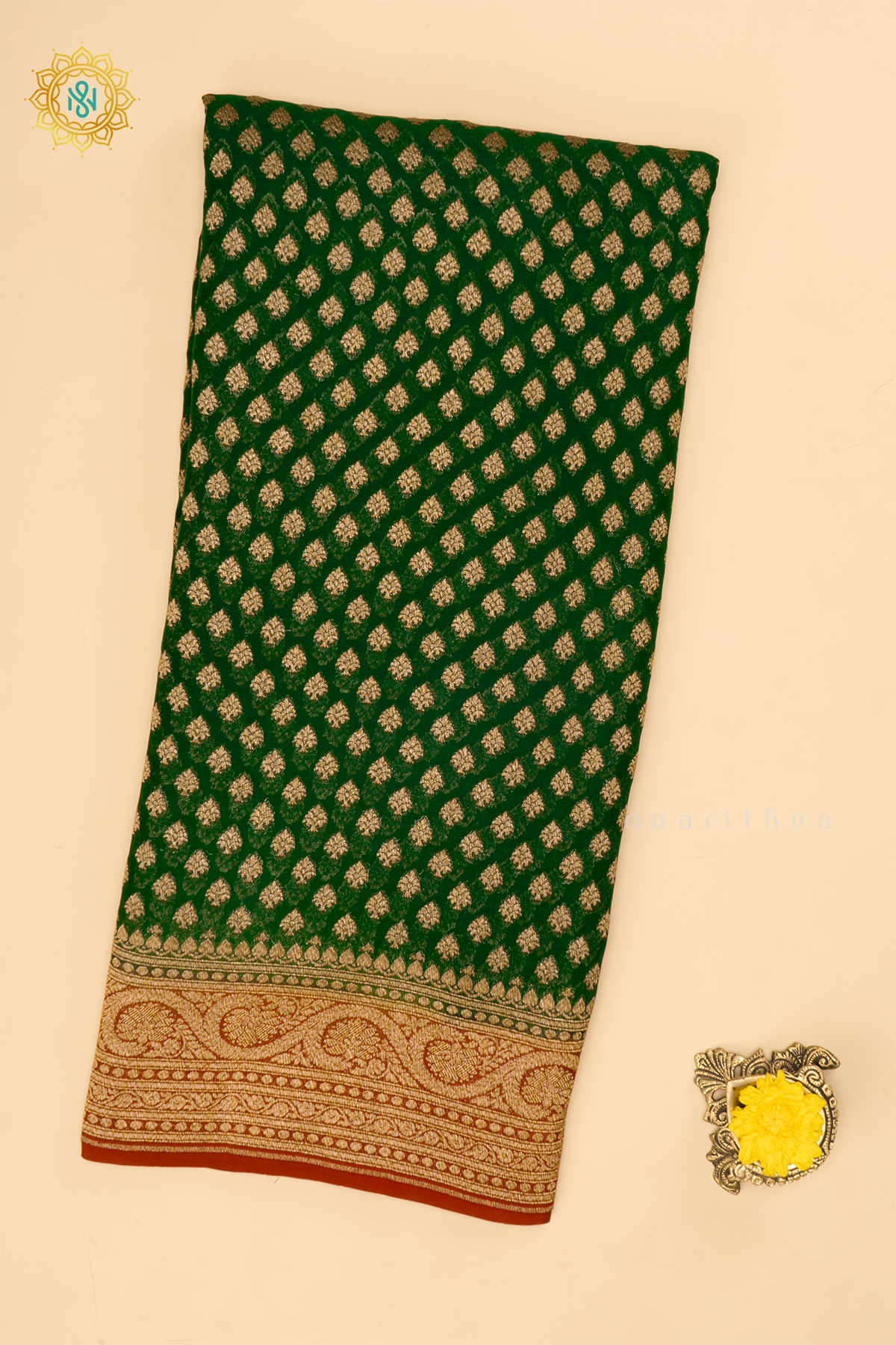BOTTLE GREEN WITH MAROON - PURE BANARASI KHADDI GEORGETTE SAREE ALLOVER ZARI WOVEN BUTTAS AND CONTRAST ZARI WOVEN BORDER