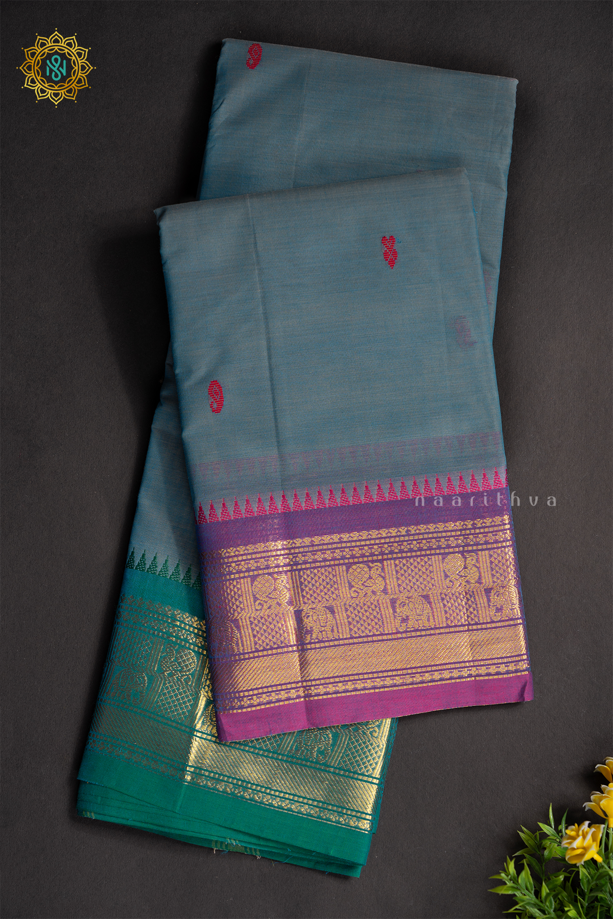AQUA BLUE WITH MAGENTA & CYAN GREEN - CHETTINAD COTTON