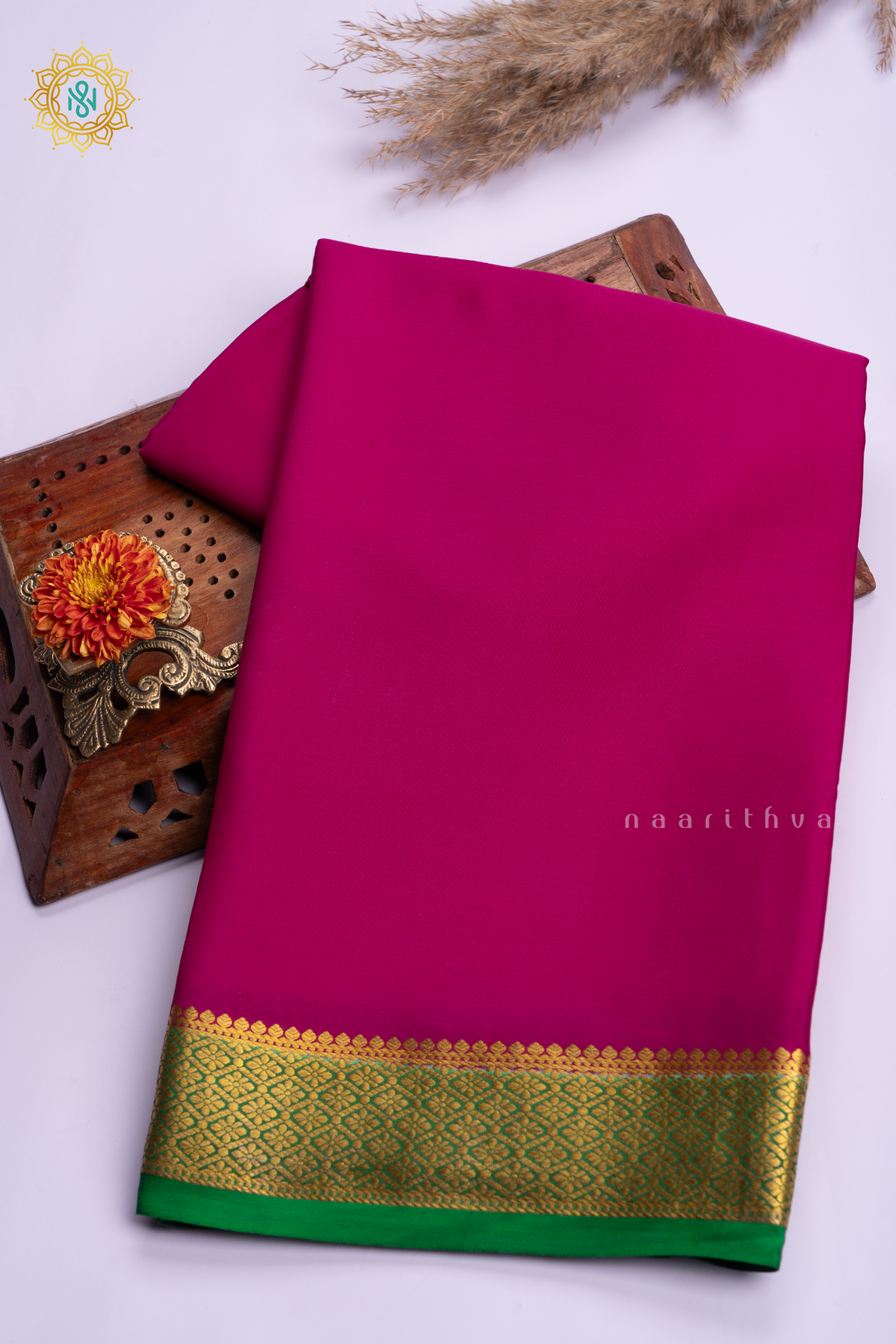 RANI PINK WITH GREEN - PURE MYSORE CREPE SILK