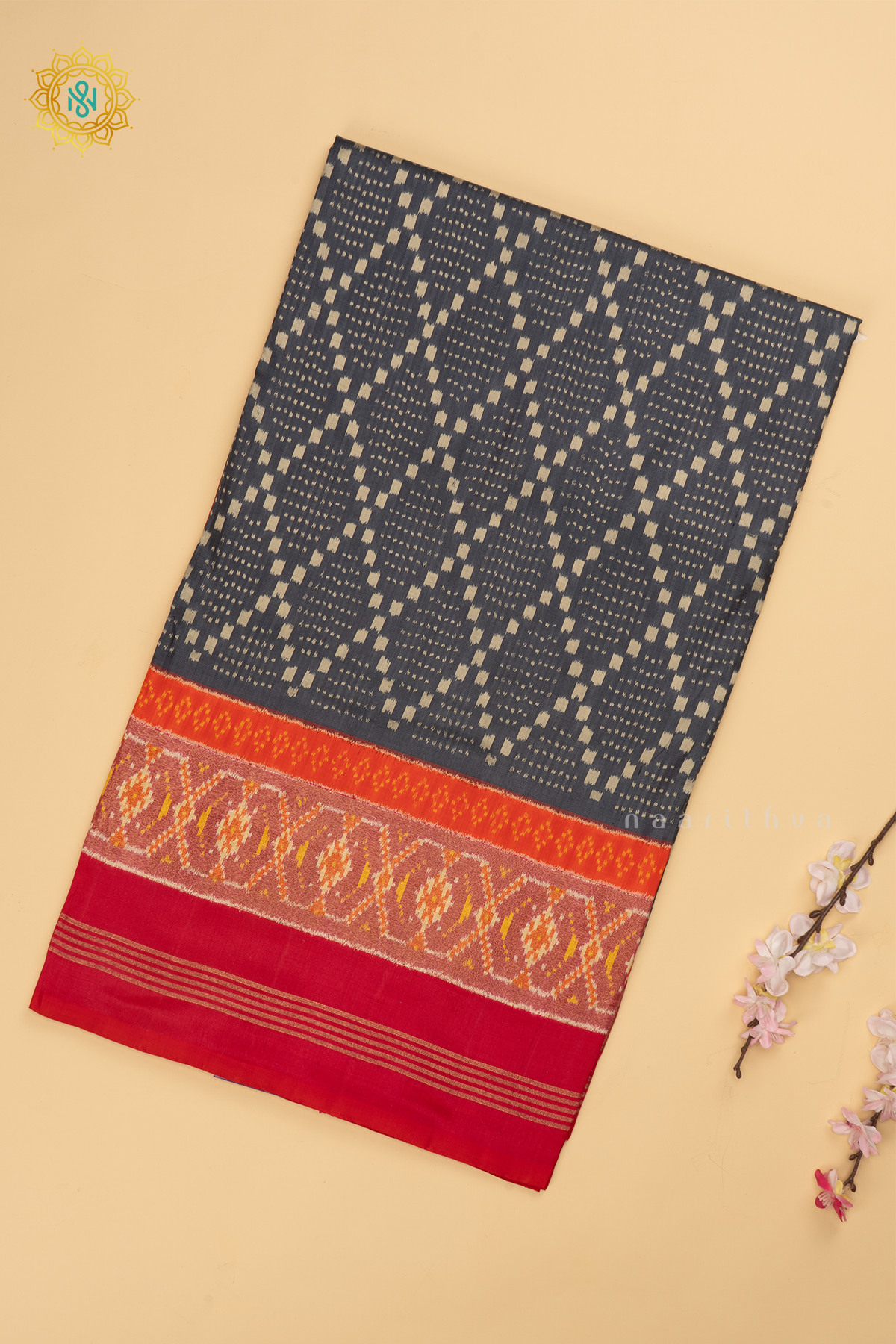 Grey with Pink Ikkat Pure Silk Saree with Patola Printed Body and Zari Border