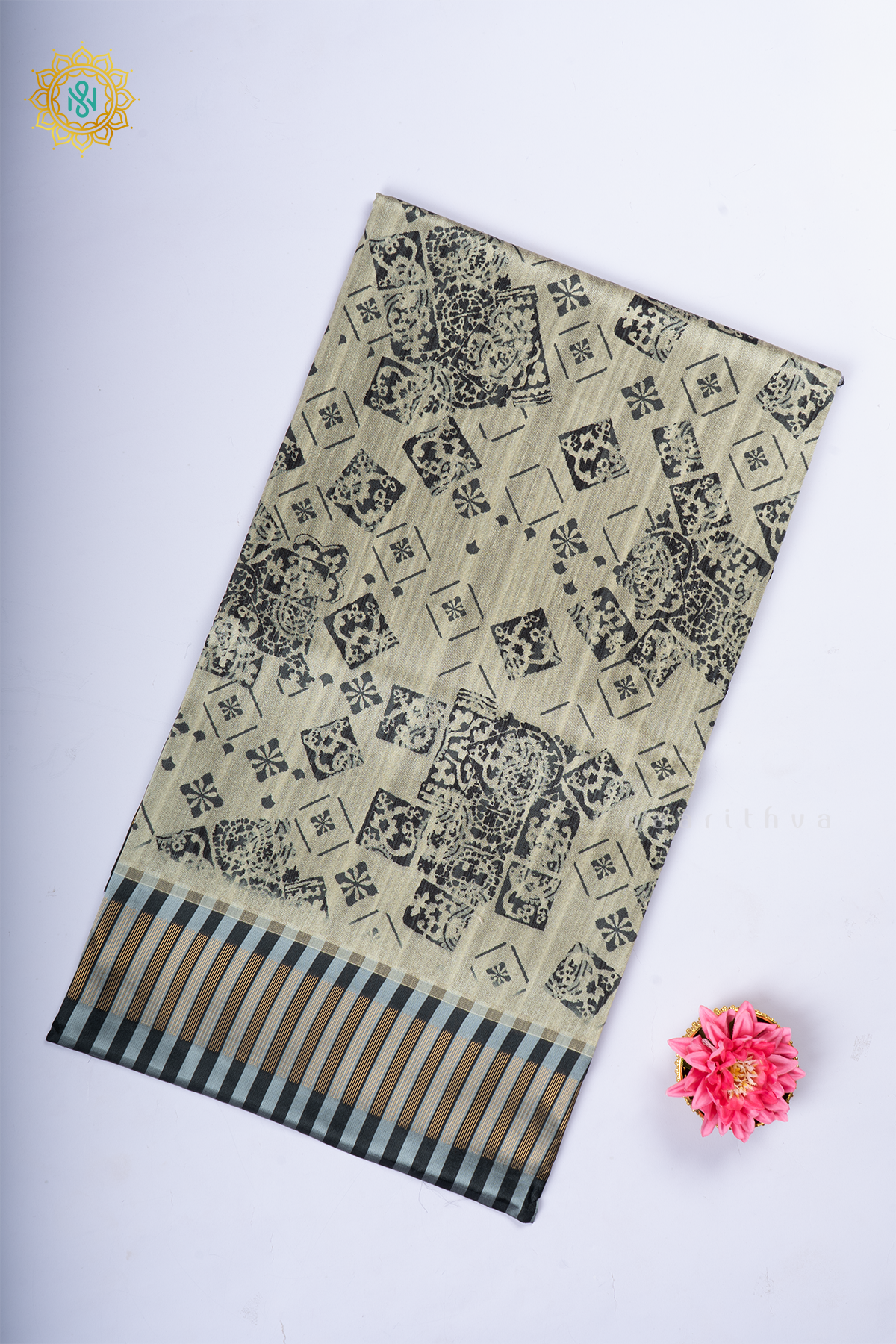 Beige With Black Semi Tussar Silk With Printed Body With Zari Border & Pallu